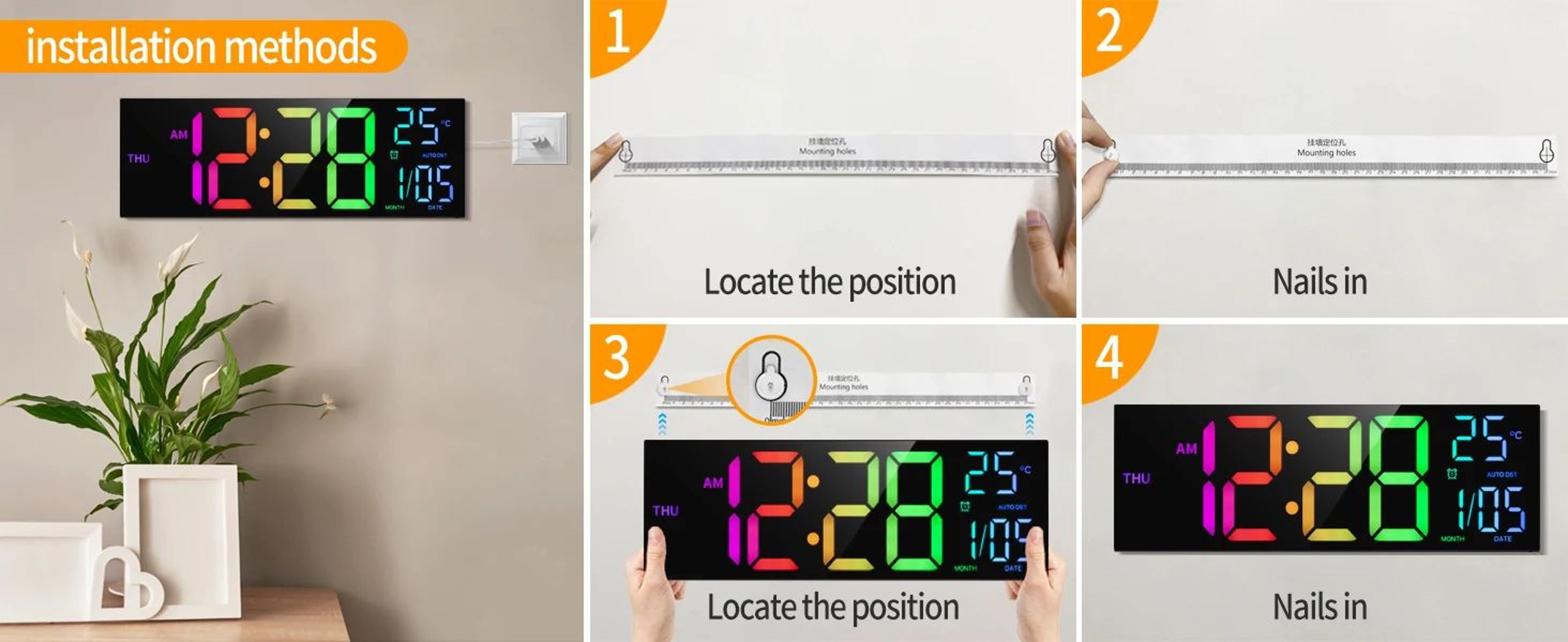 16Inch RGB LED Digital Wall Clock  Large Display With Remote Alarm Temperature  DST Smart Clock 8