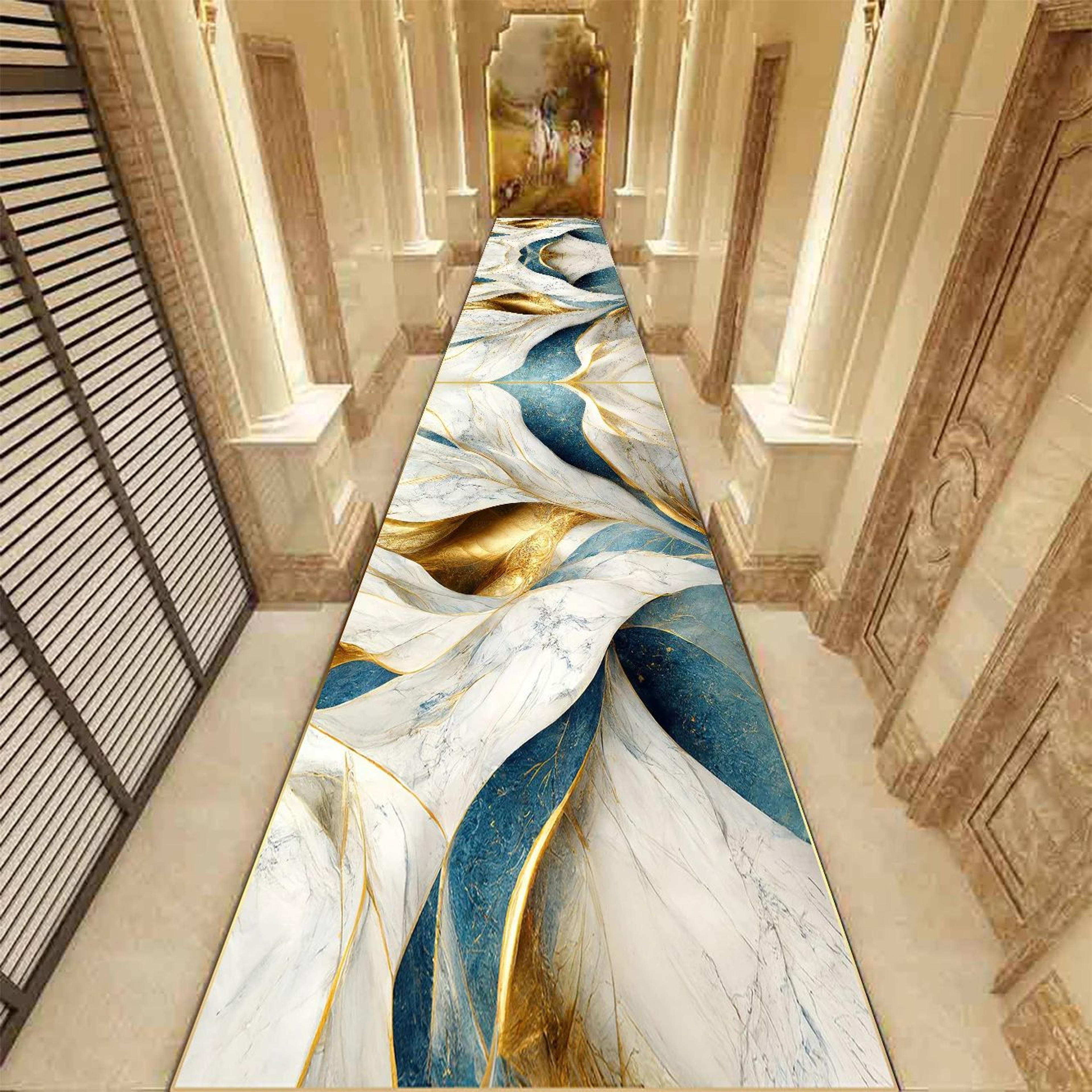Golden Abstract Marble Runner Rug  NonSlip Hallway Carpet Luxury 3D Print Washable Floor Mat 6