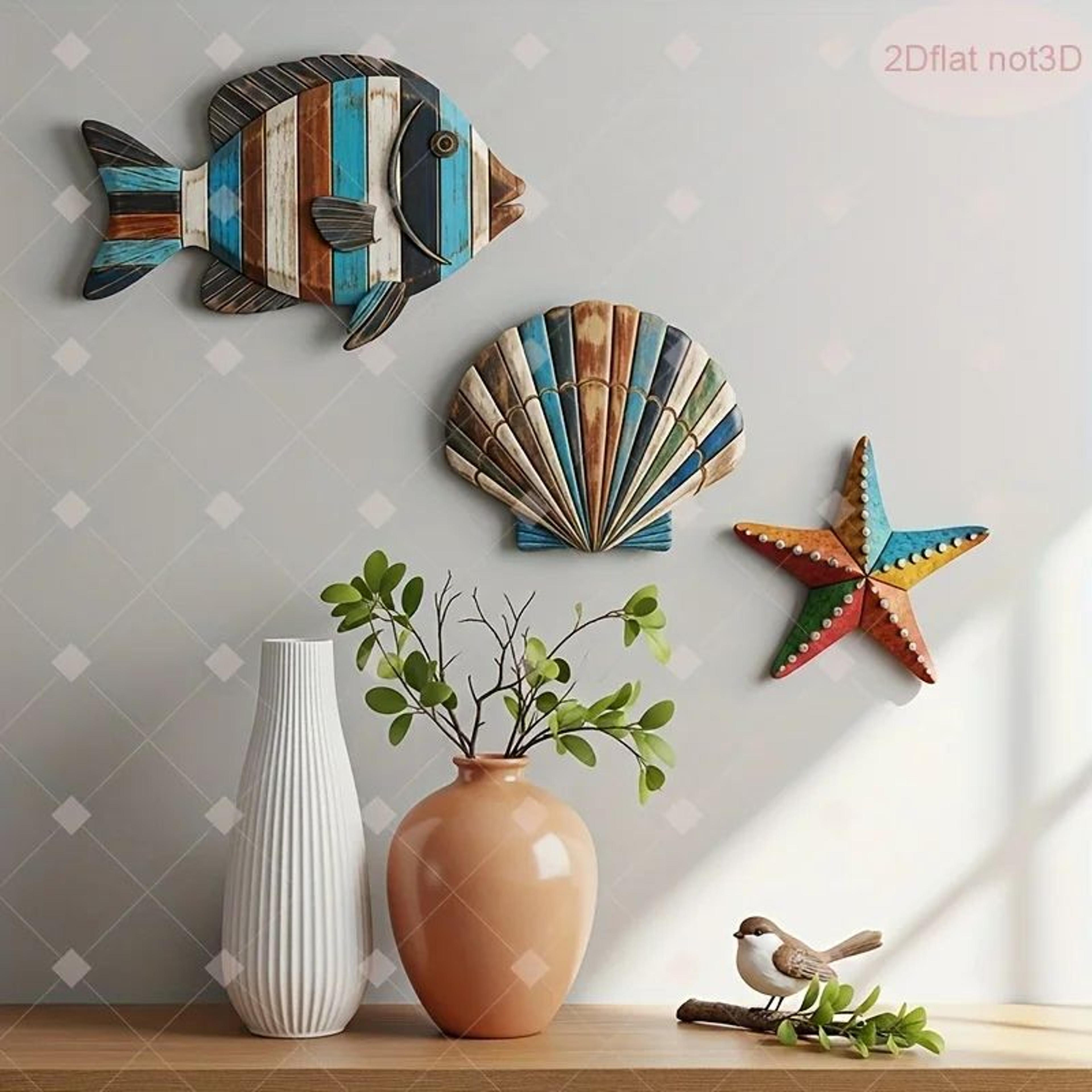 coastal wooden ocean wall decor set – colorful fish, shell & starfish farmhouse hanging art