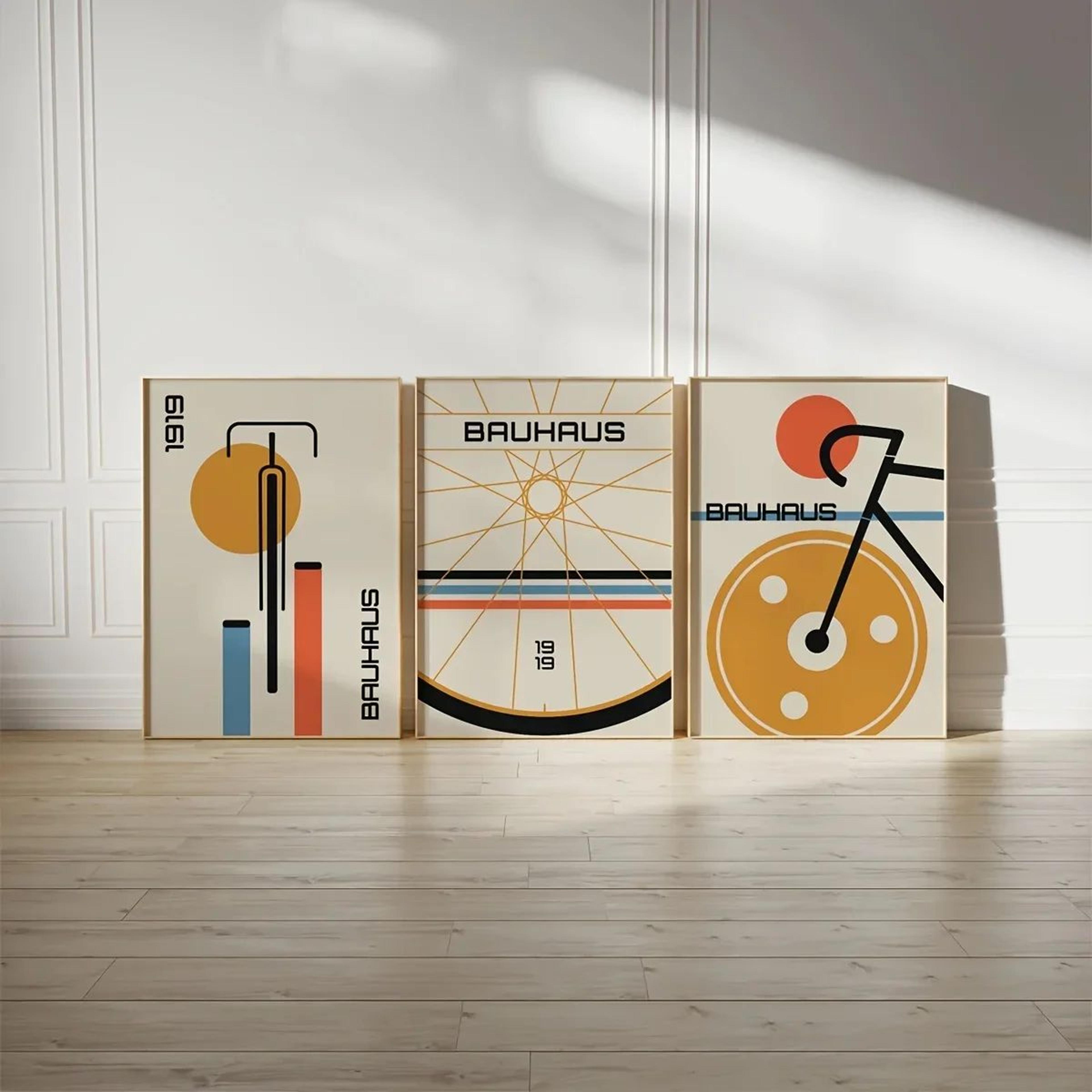 Bauhaus Bicycle Canvas Poster Set  3Pcs MidCentury Modern Abstract Wall Art Prints 1