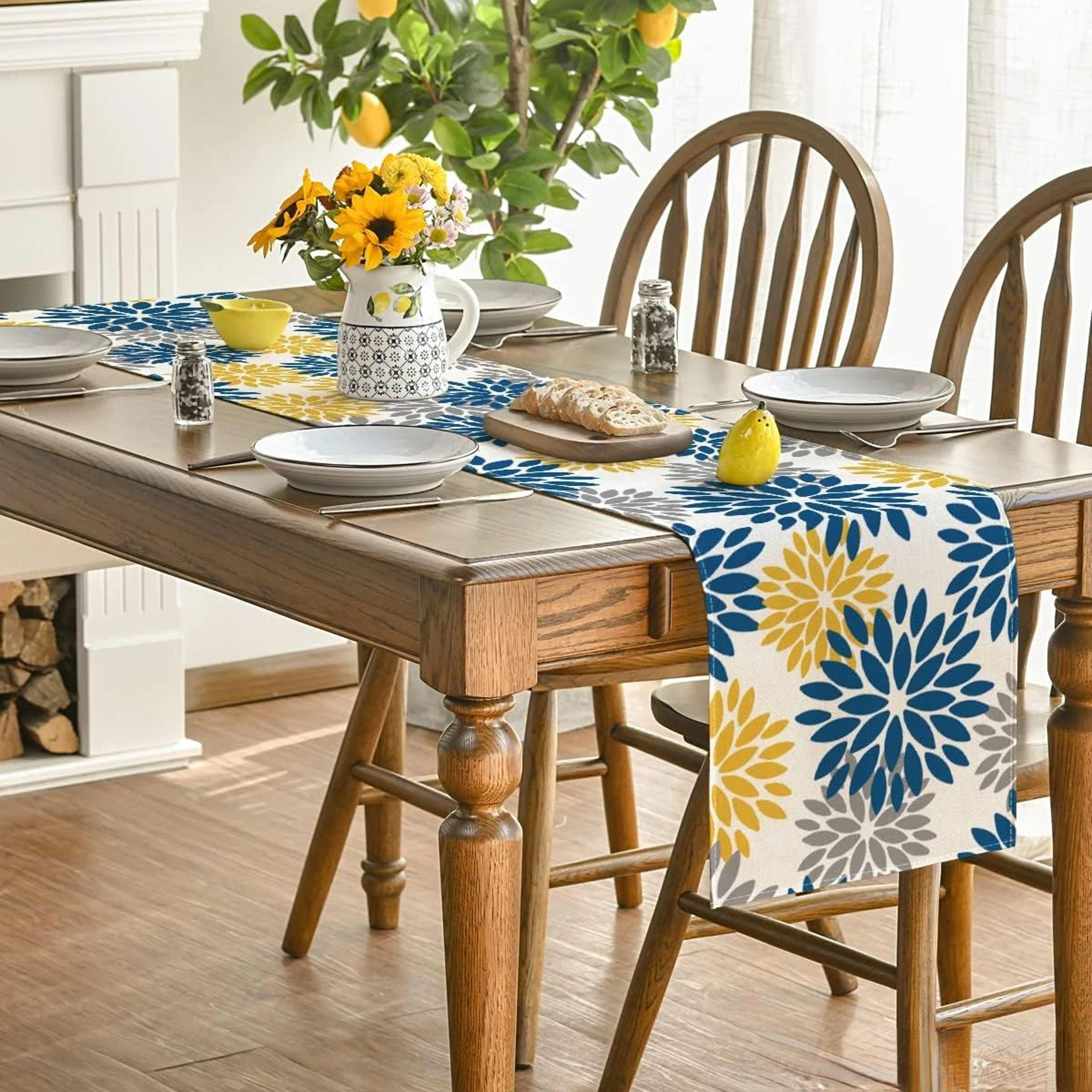 Blue Dahlia Floral Linen Table Runner  Summer Spring Seasonal Dining Table Decor 1