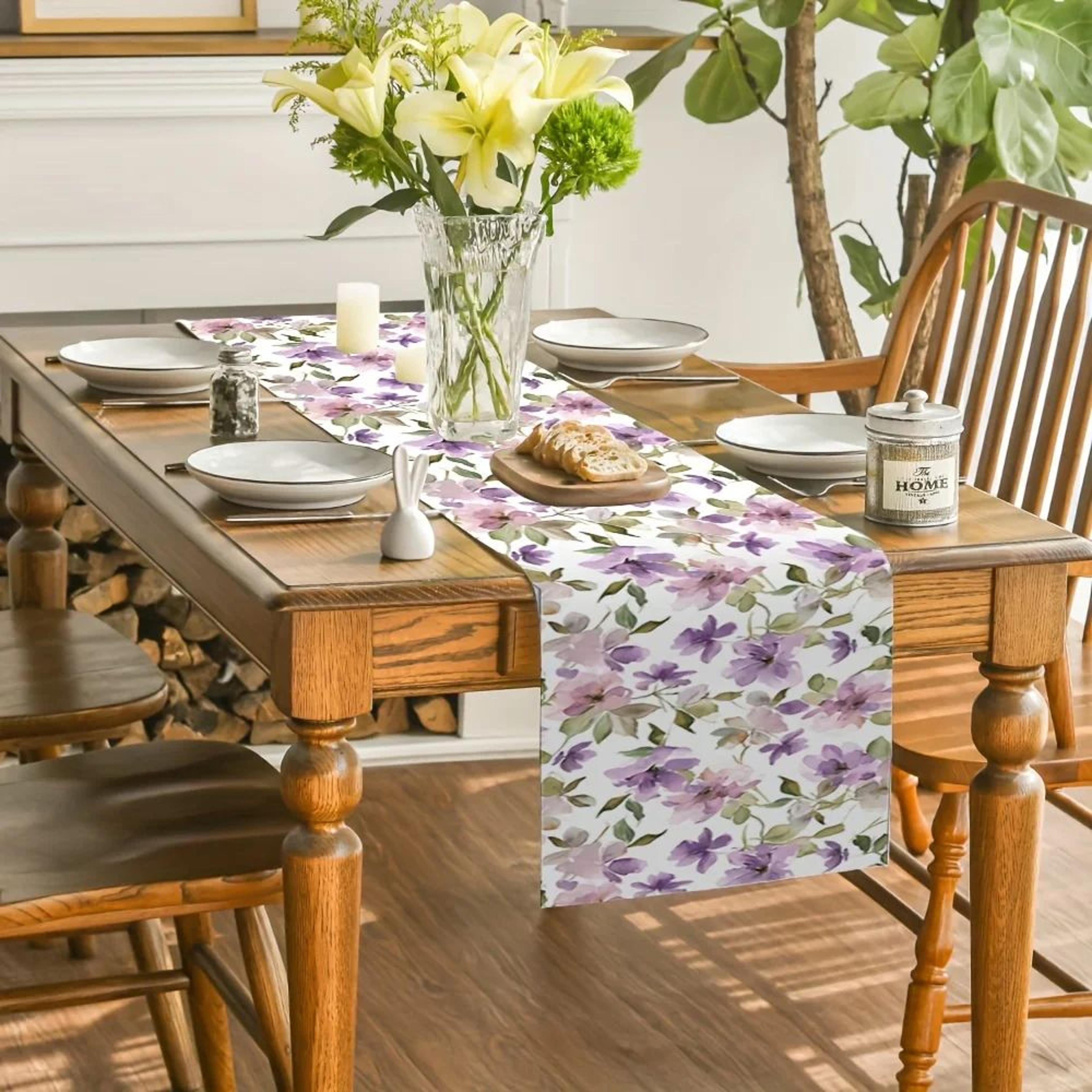 Watercolor Floral Linen Table Runner  Green Plant Pattern Seasonal Dining  Wedding Decor 2