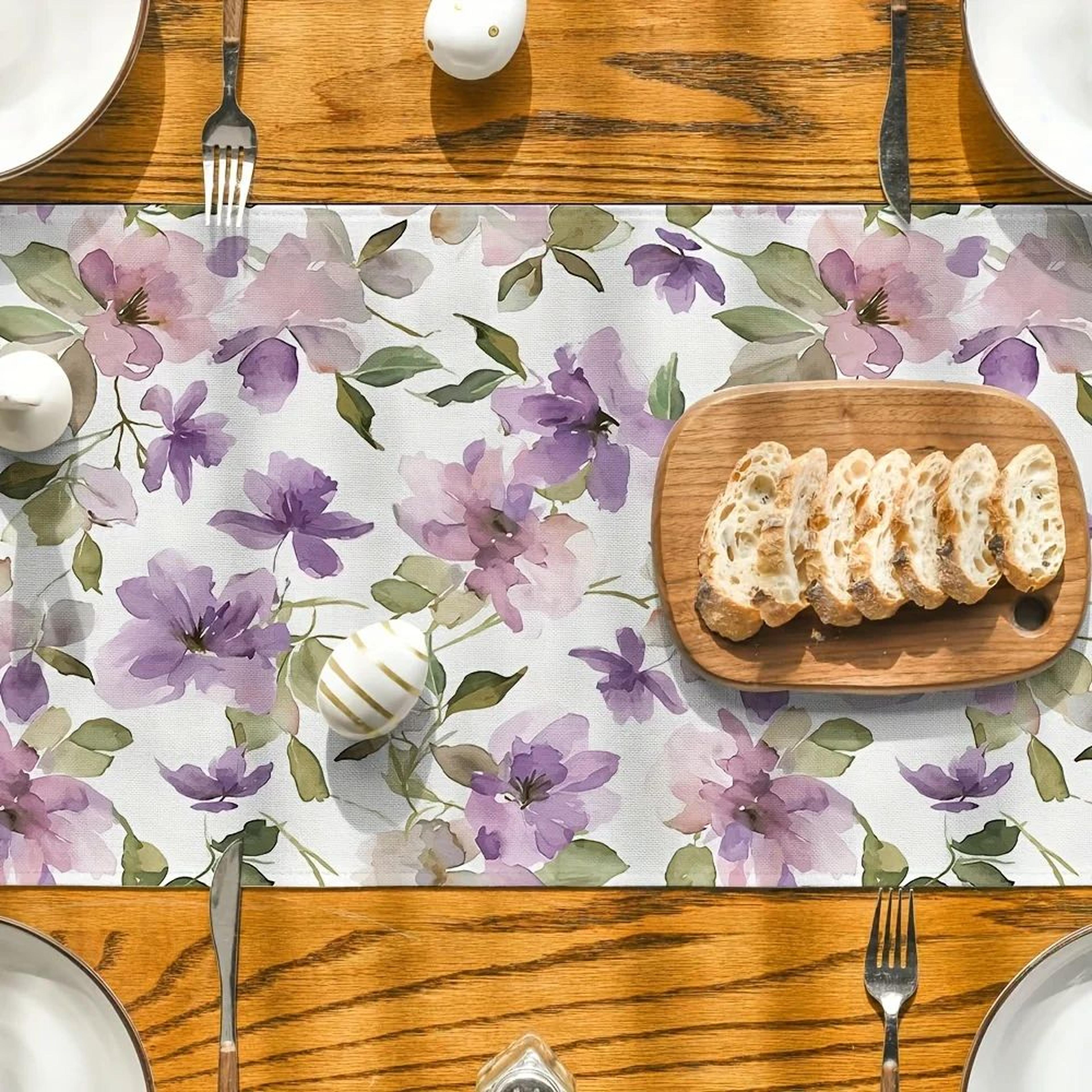 Watercolor Floral Linen Table Runner  Green Plant Pattern Seasonal Dining  Wedding Decor 4