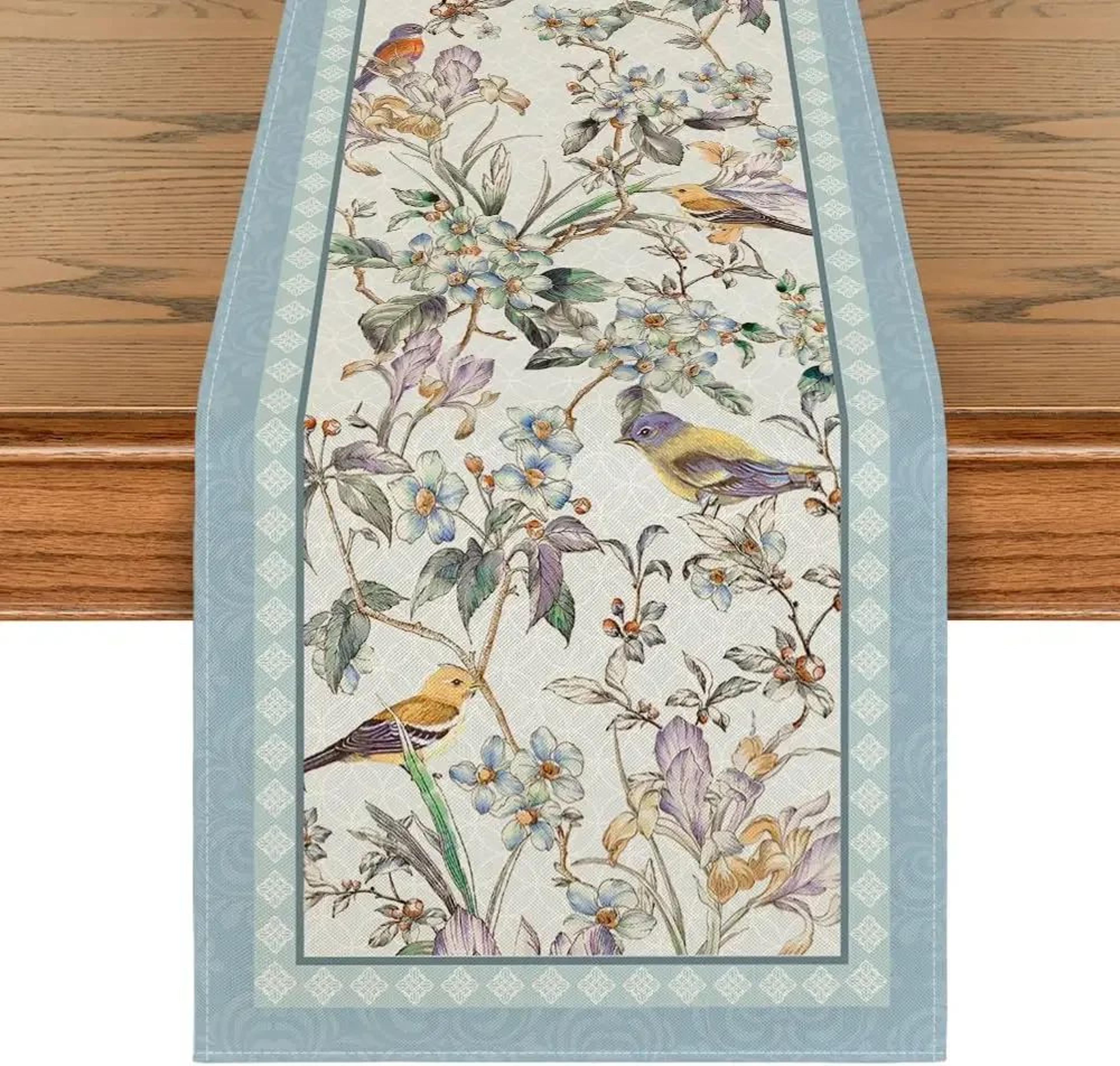 Blue Birds  Blossom Linen Table Runner  Elegant Floral Dining  Wedding Decor 6