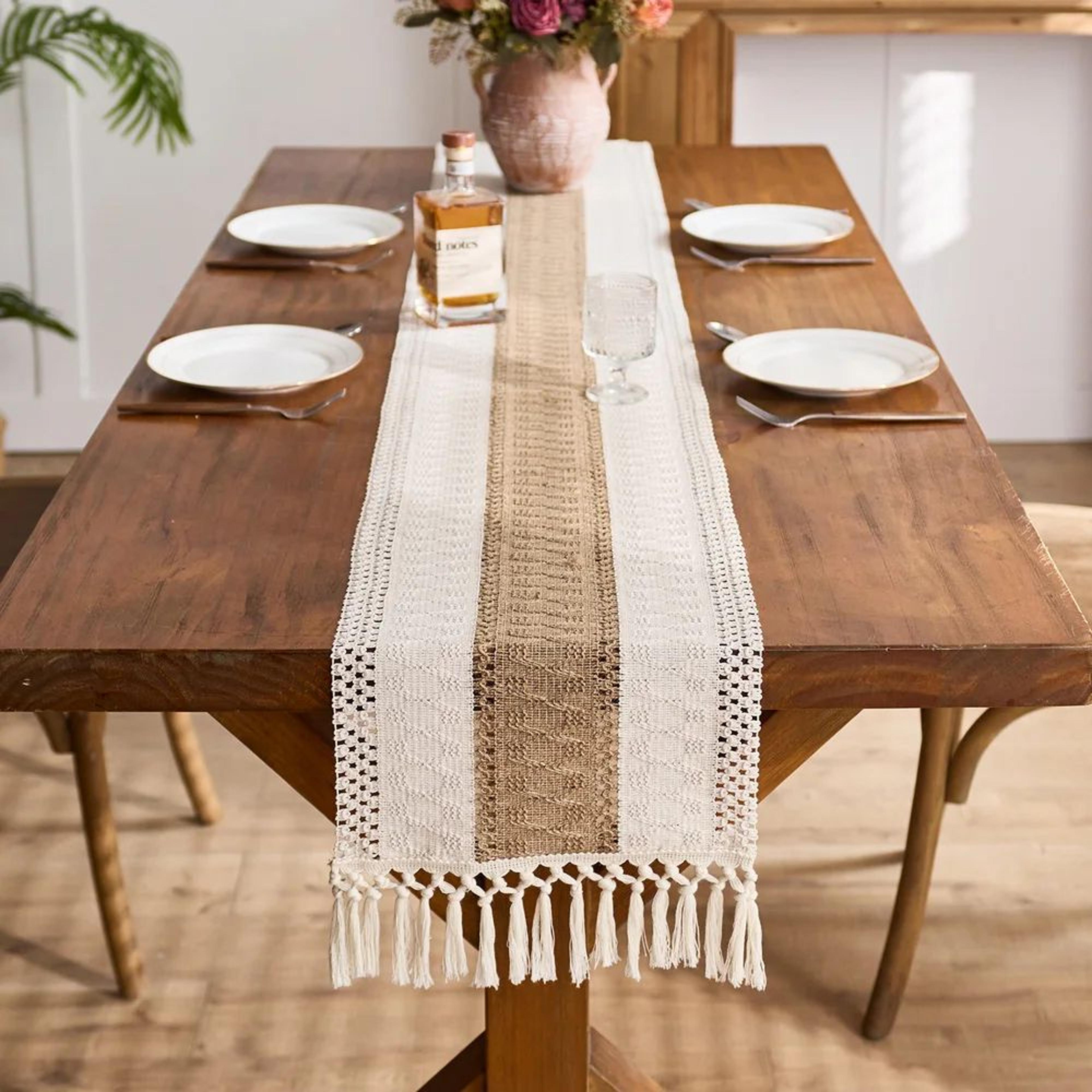 boho macrame table runner with tassels – cream & brown farmhouse dining decor
