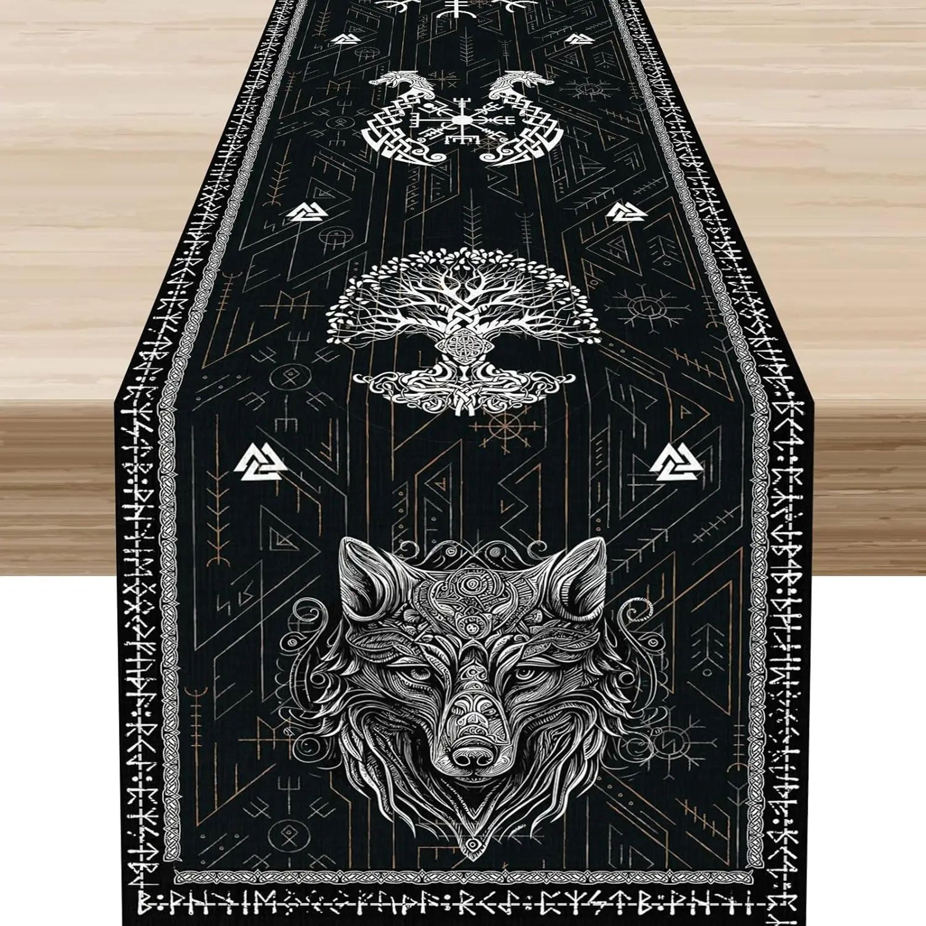 norse viking raven table runner linen – tree of life mythology dining decor raven print table runner