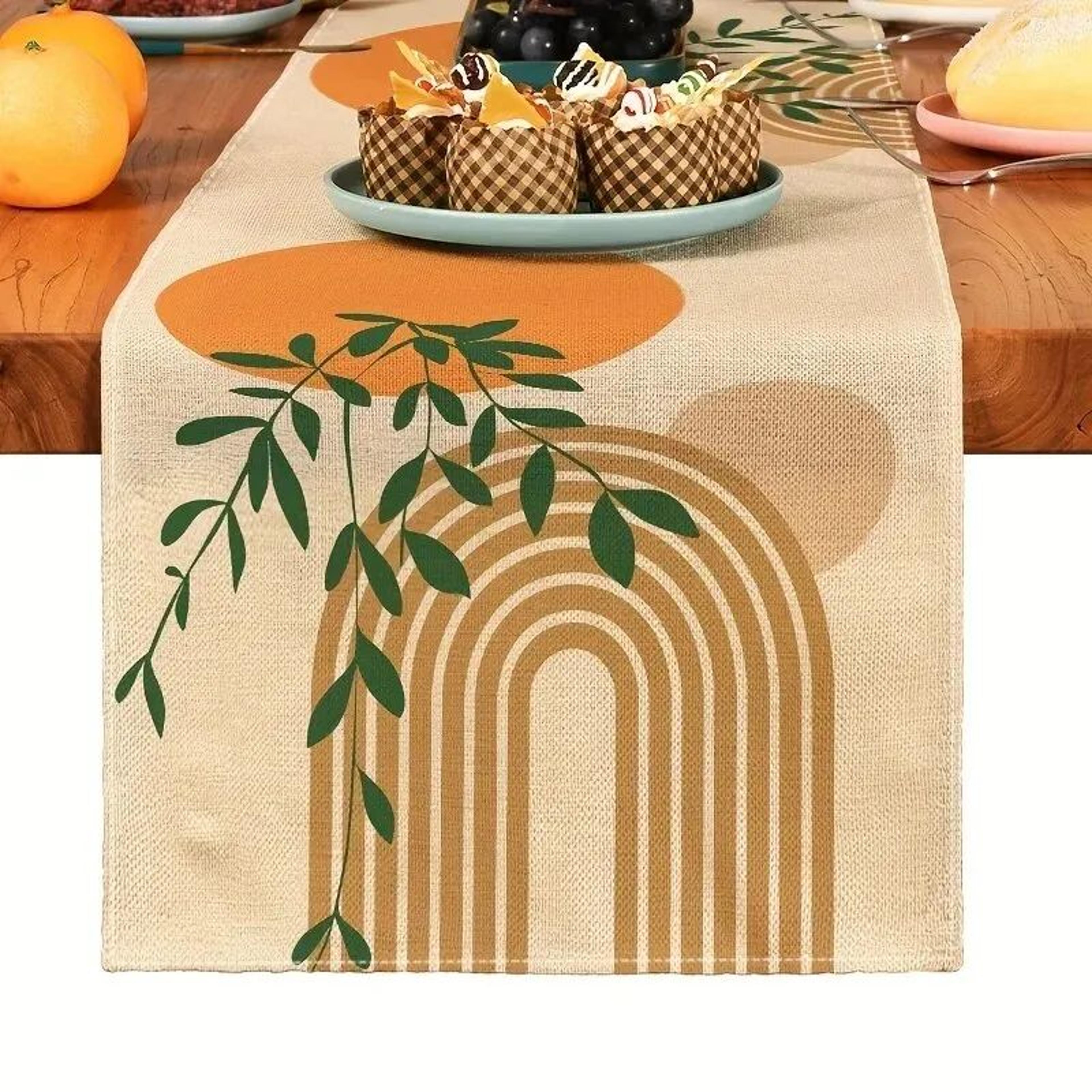 Boho Plant Linen Table Runner For Dining Table  Minimalist Botanical Kitchen Decor 6
