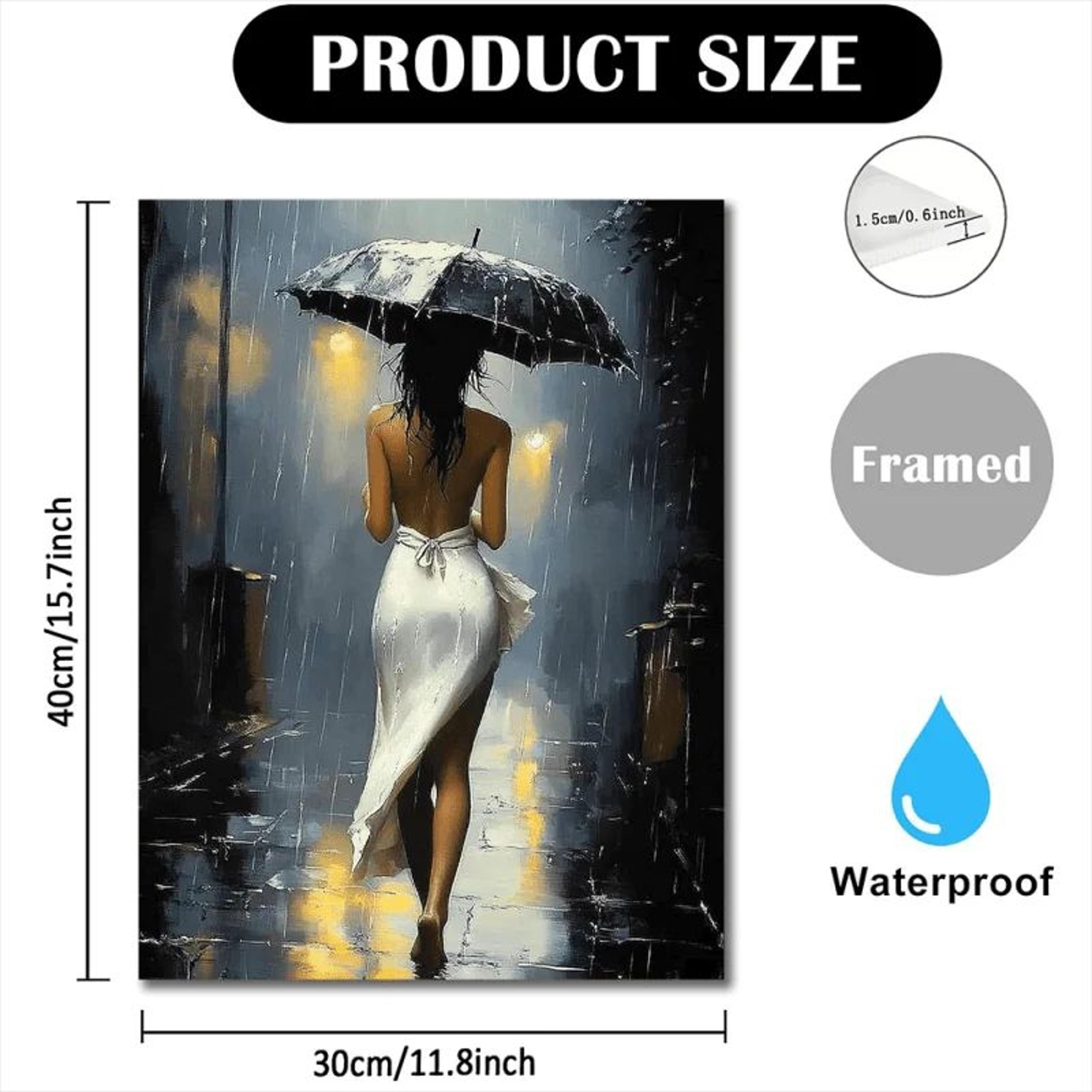 Romantic Rainy Night Canvas Wall Art With Wooden Frame  Elegant Umbrella Street Scene Home Decor 4