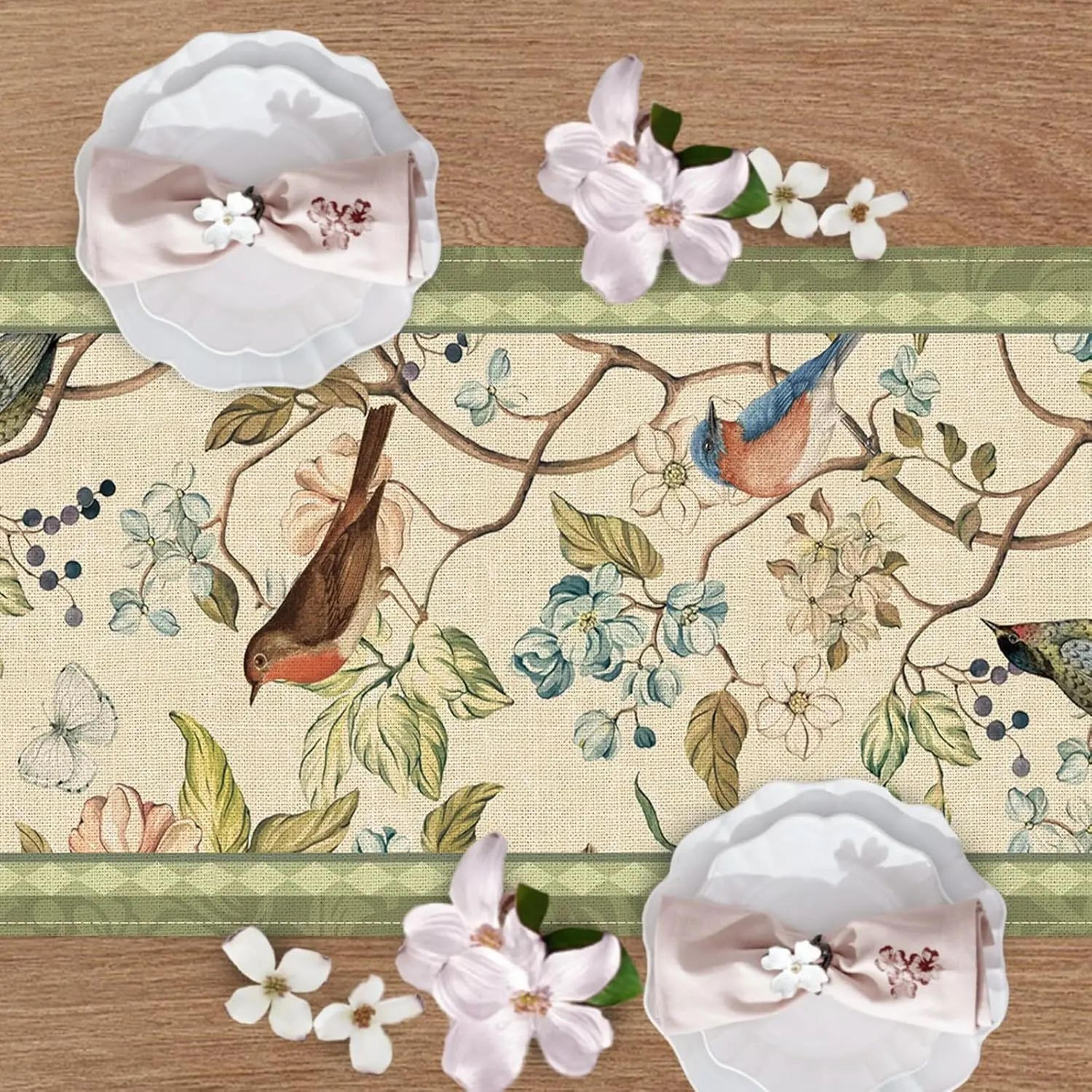 Vintage Floral Bird Linen Table Runner For Dining Table  Farmhouse Summer Botanical Decor 2