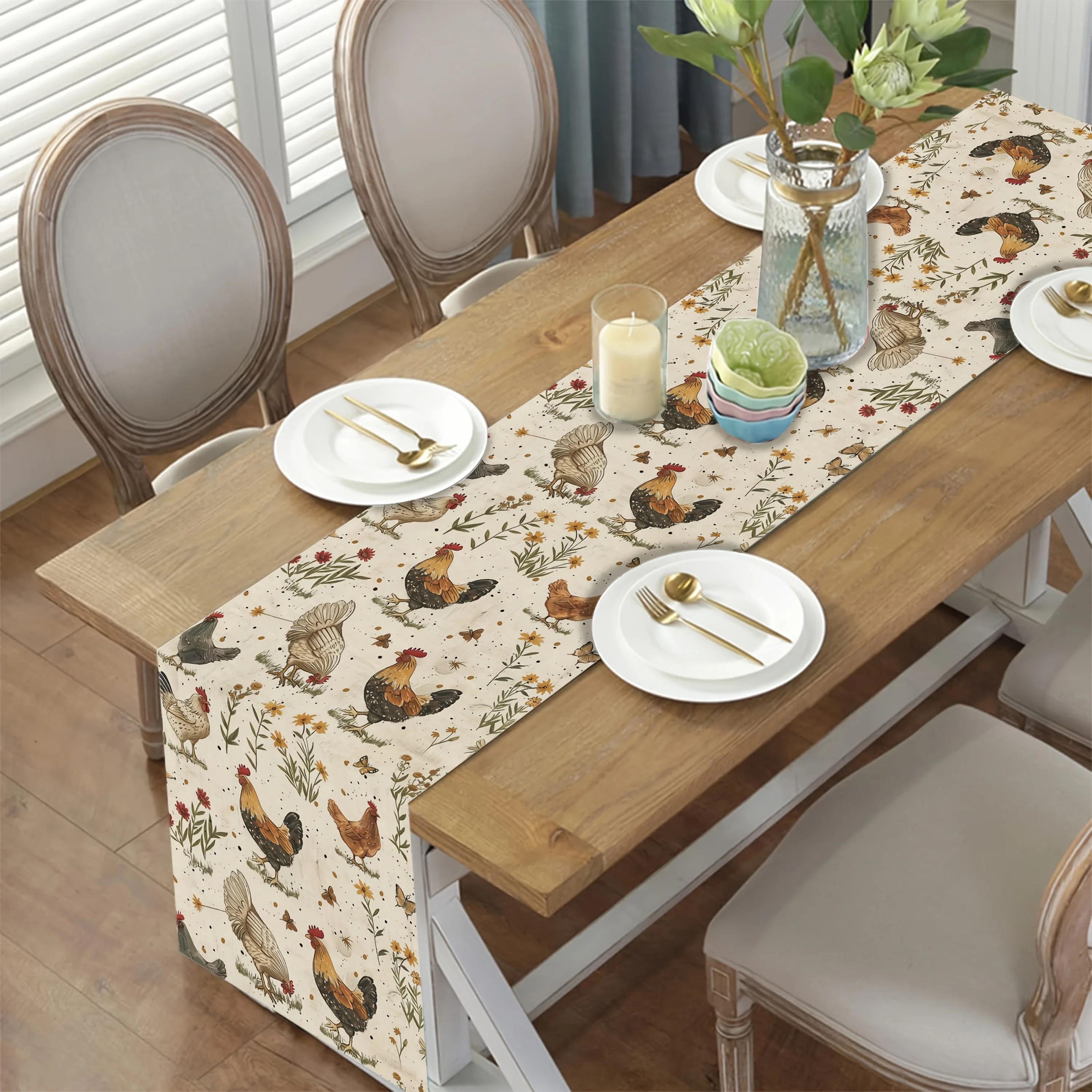 Farmhouse Rooster Linen Table Runner For Dining Table  Wildflower Butterfly Rustic Kitchen Decor 1