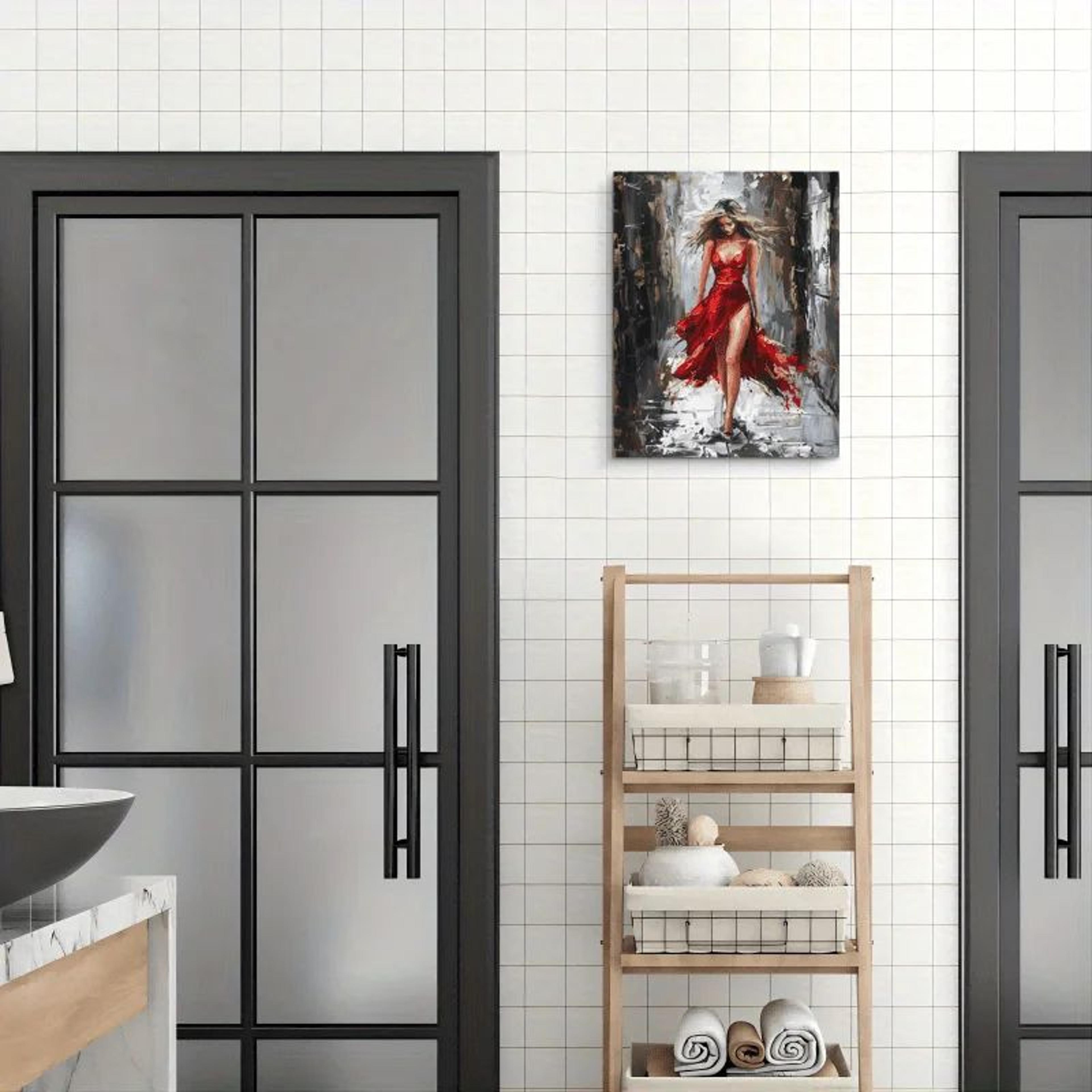 Elegant Woman Canvas Wall Art With Wooden Frame  Red Dress Modern Office  Home Decor 3