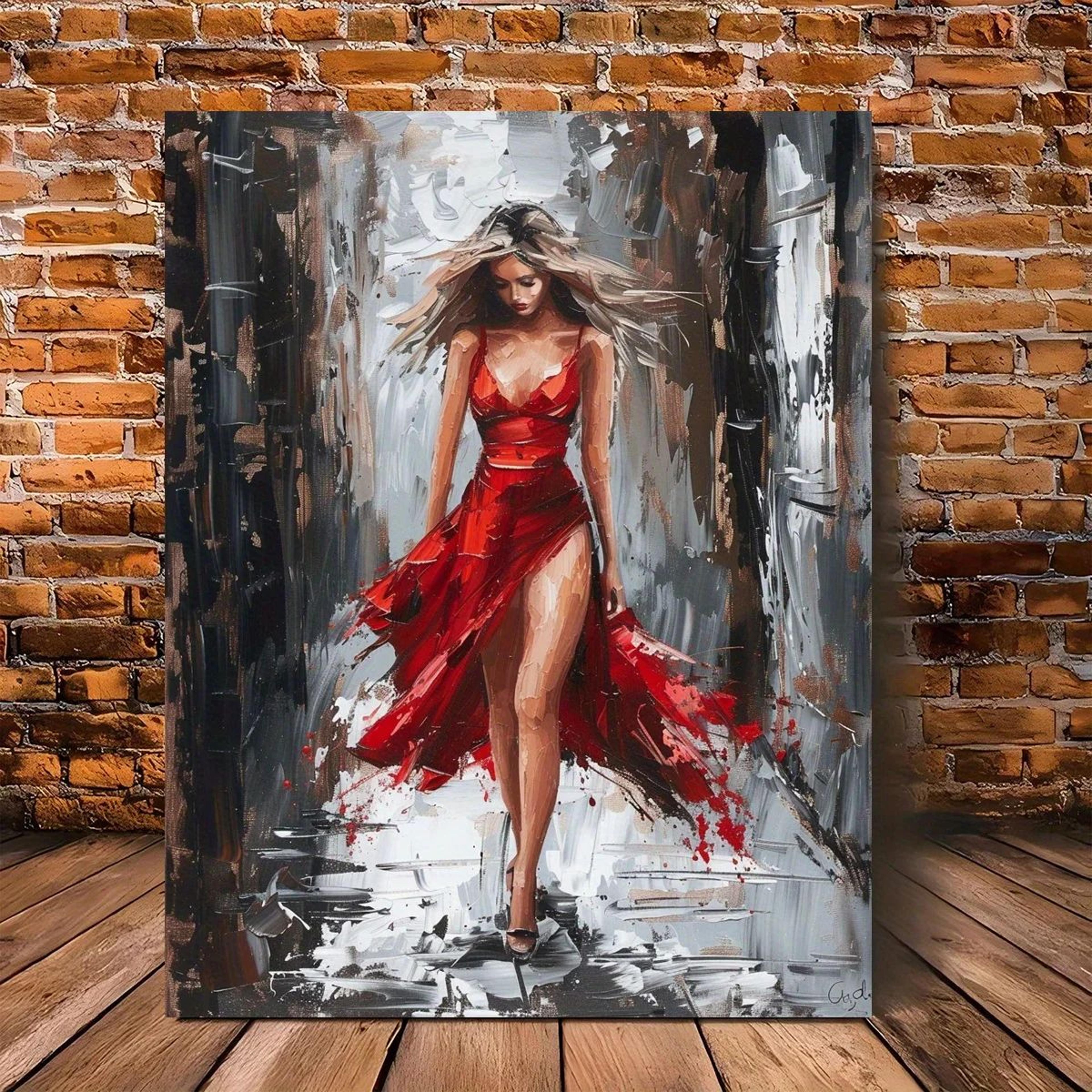 Elegant Woman Canvas Wall Art With Wooden Frame  Red Dress Modern Office  Home Decor 5
