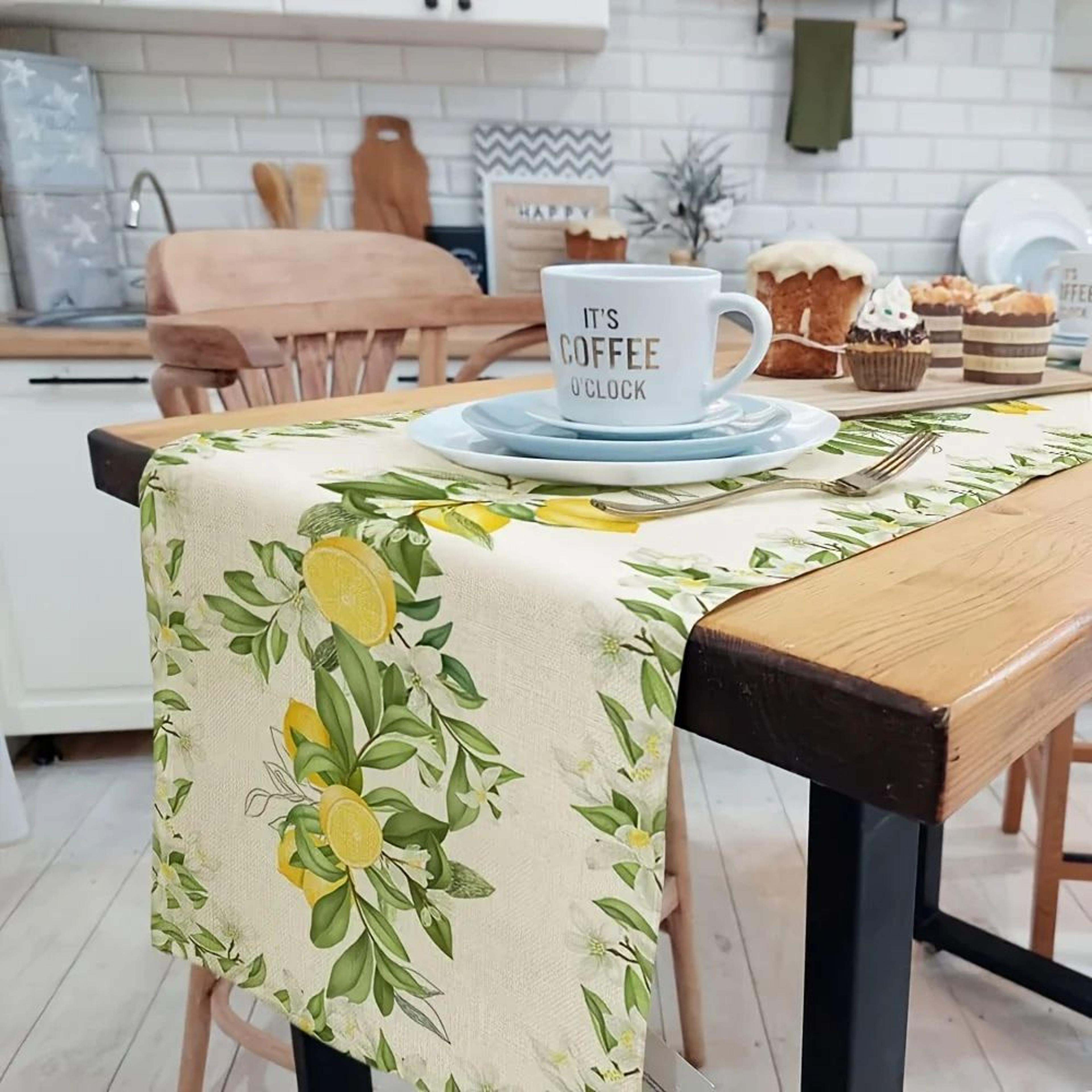 Lemon Blossom Linen Table Runner  Spring Summer Floral Table Decor Rustic Farmhouse Dresser Scarf 4