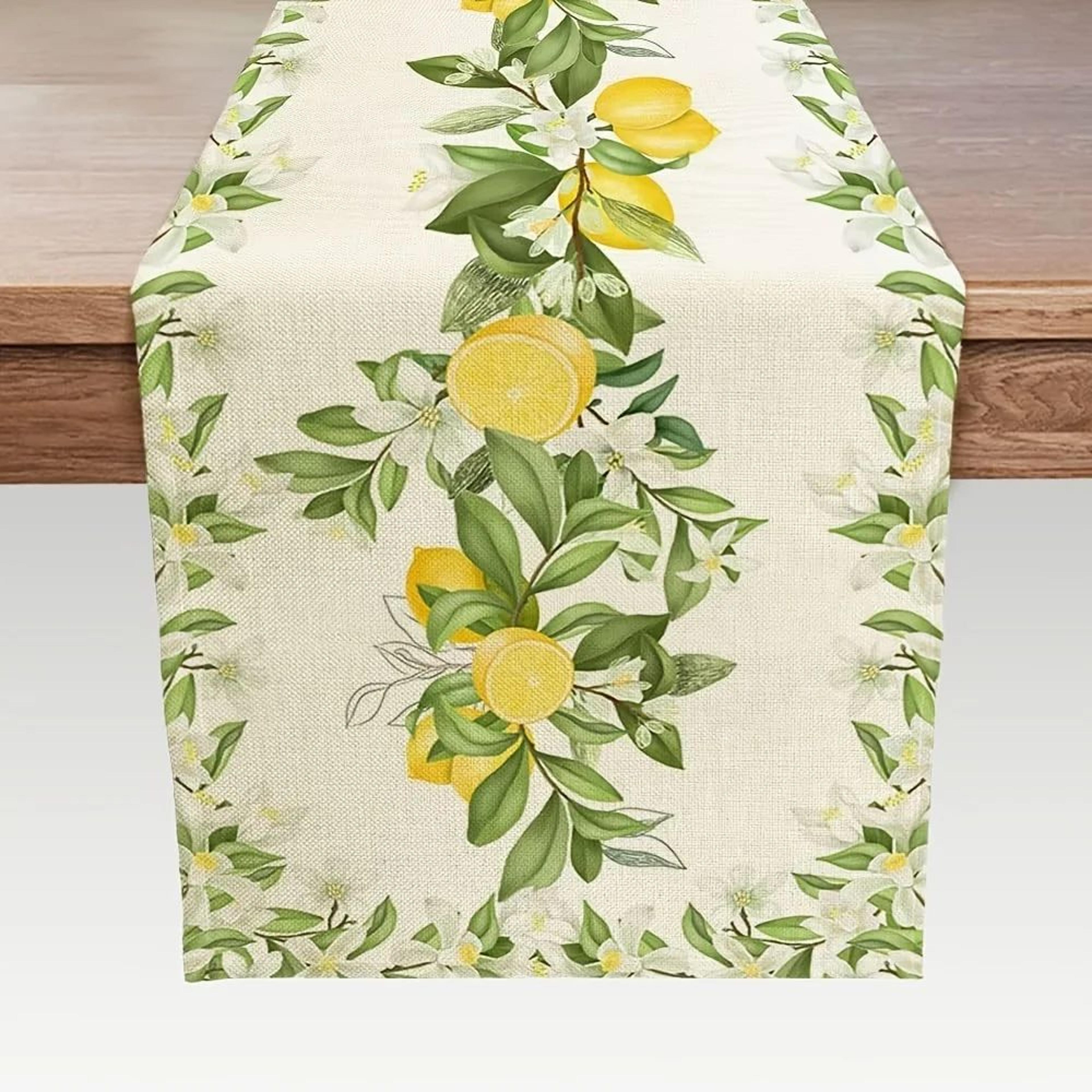 lemon blossom linen table runner – spring summer floral table decor, rustic farmhouse dresser scarf