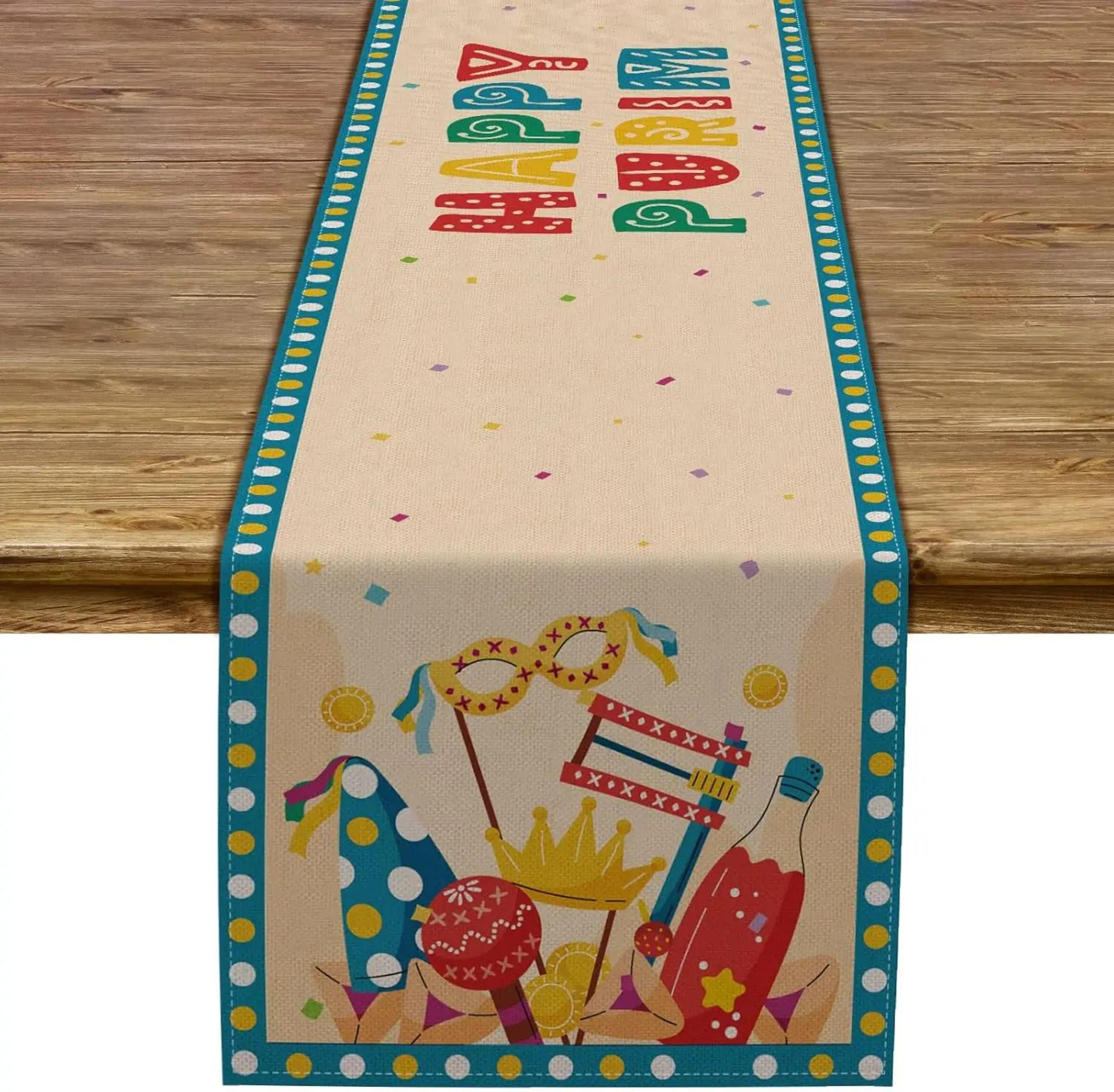 purim celebration linen table runner – jewish holiday masquerade dining table decor, reusable carnival party runner