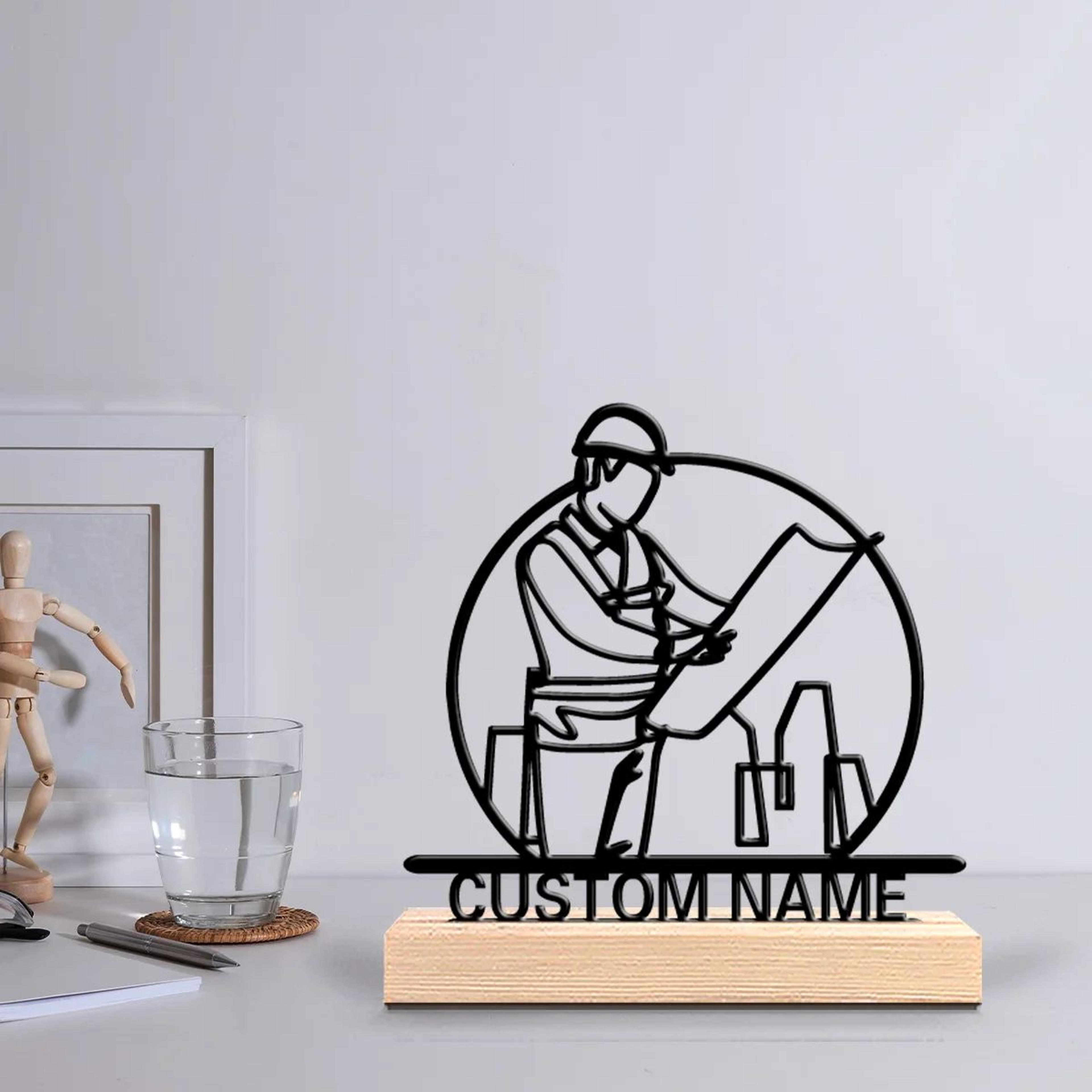 personalized architect metal sculpture – custom male figure desk decor with wooden base office gift