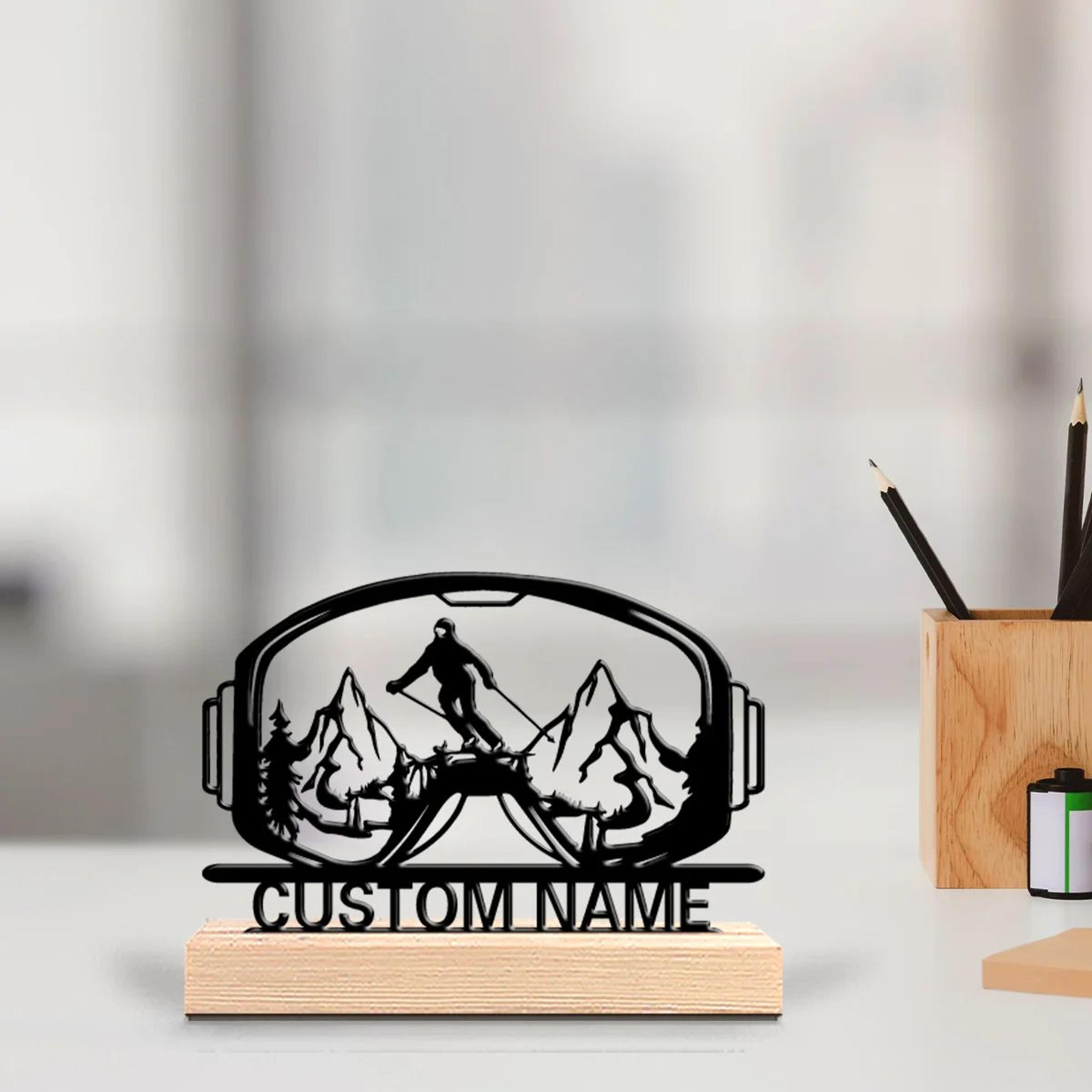 Personalized Skiing Metal Figurine  Custom Ski Goggles Statue With Wooden Base For Unique Gift  Dec