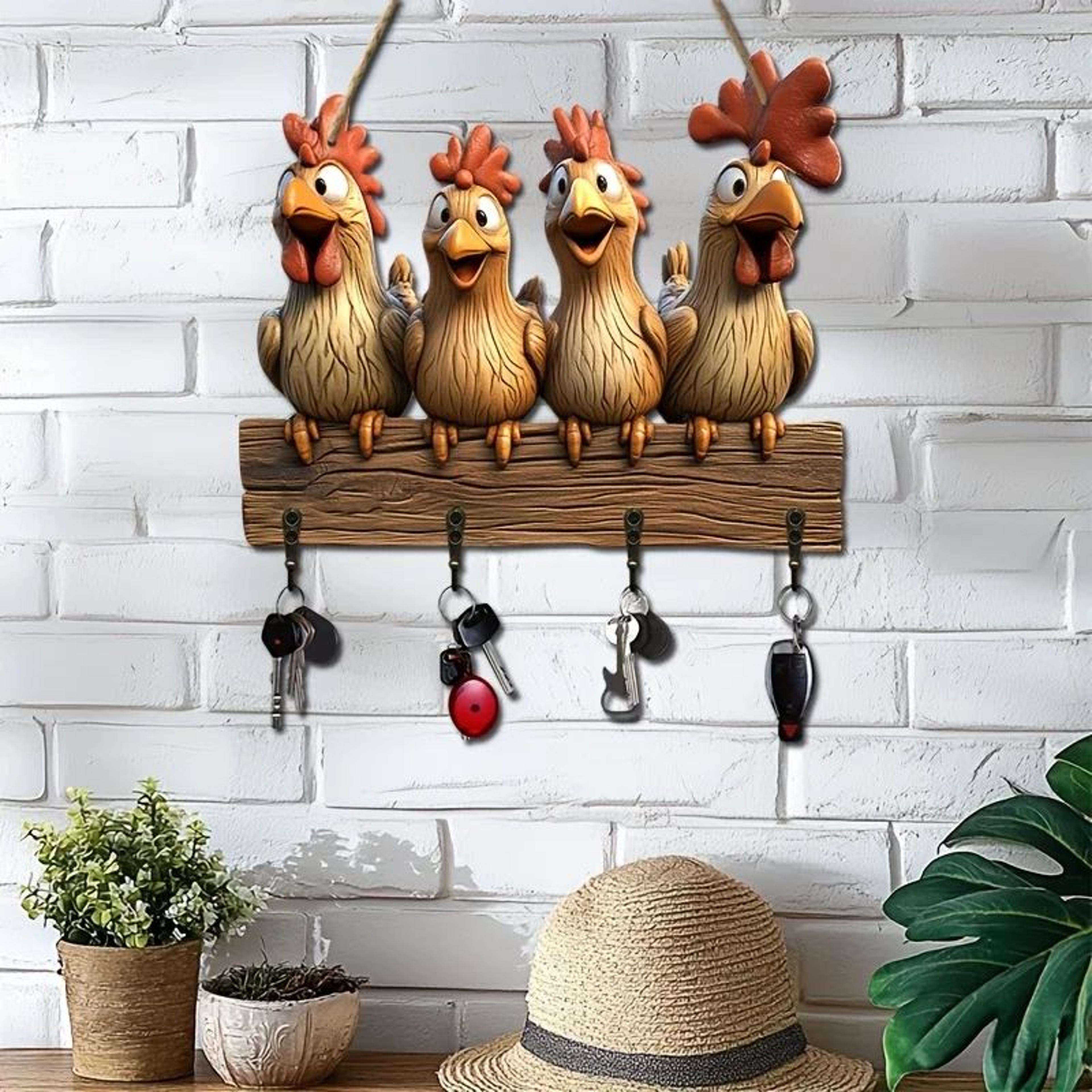 rustic hen wooden key holder – 2d wall-mounted key hanger with hooks for farmhouse home decor