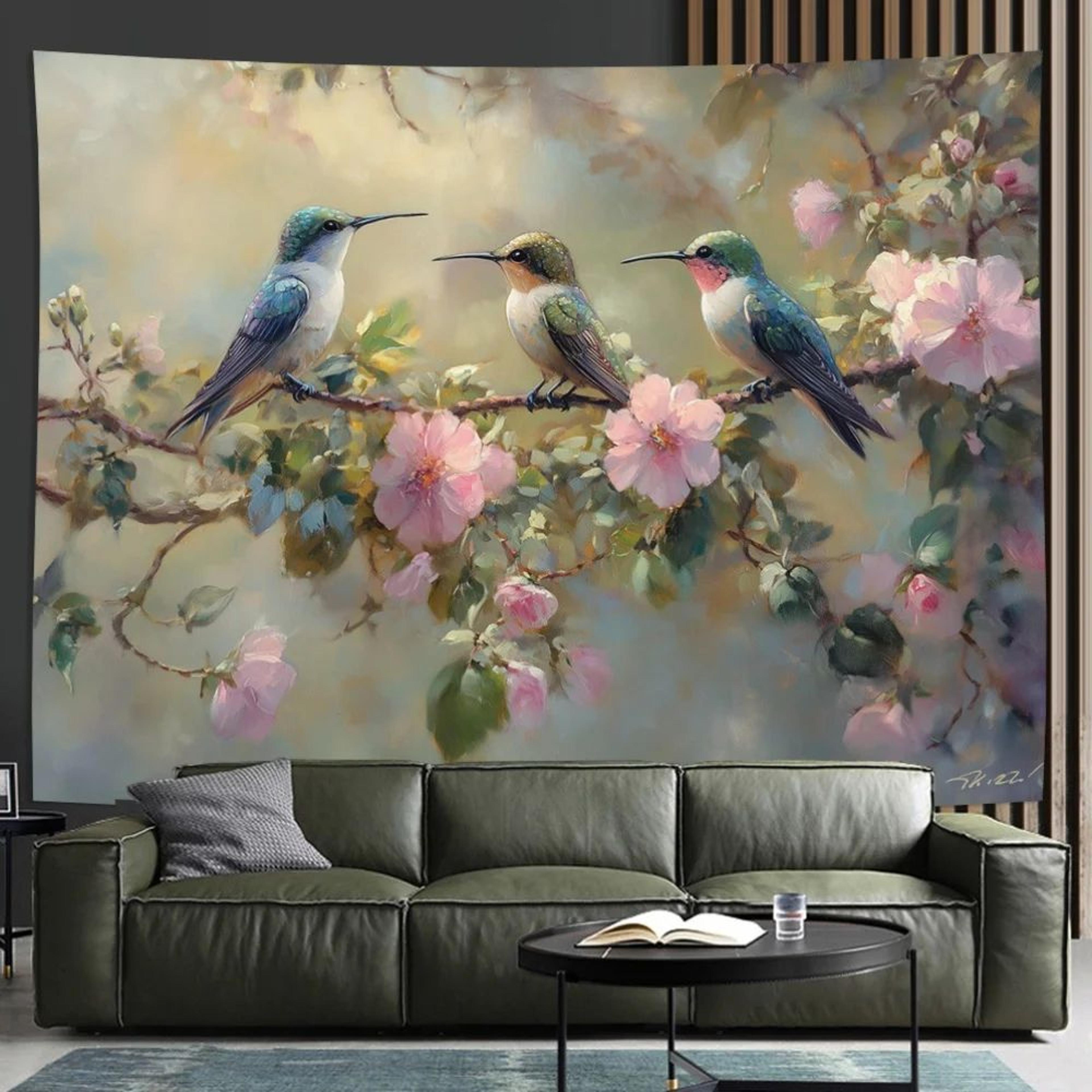 vibrant hummingbird floral wall tapestry – 3d printed polyester art hanging for bedroom & office decor