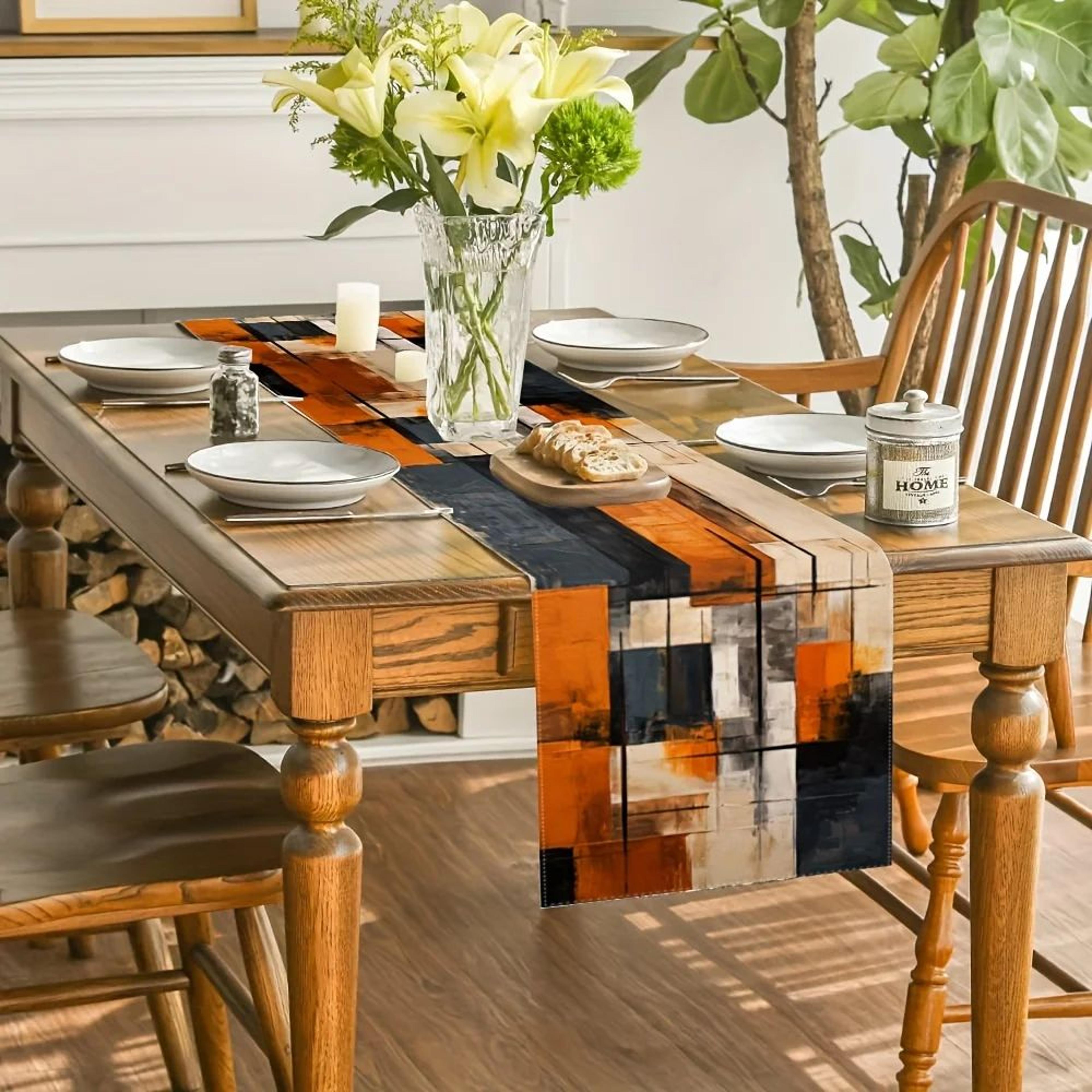 Watercolor Abstract Stripe Table Runner  Orange Black Linen Decor For Holiday  Dining Tables 3