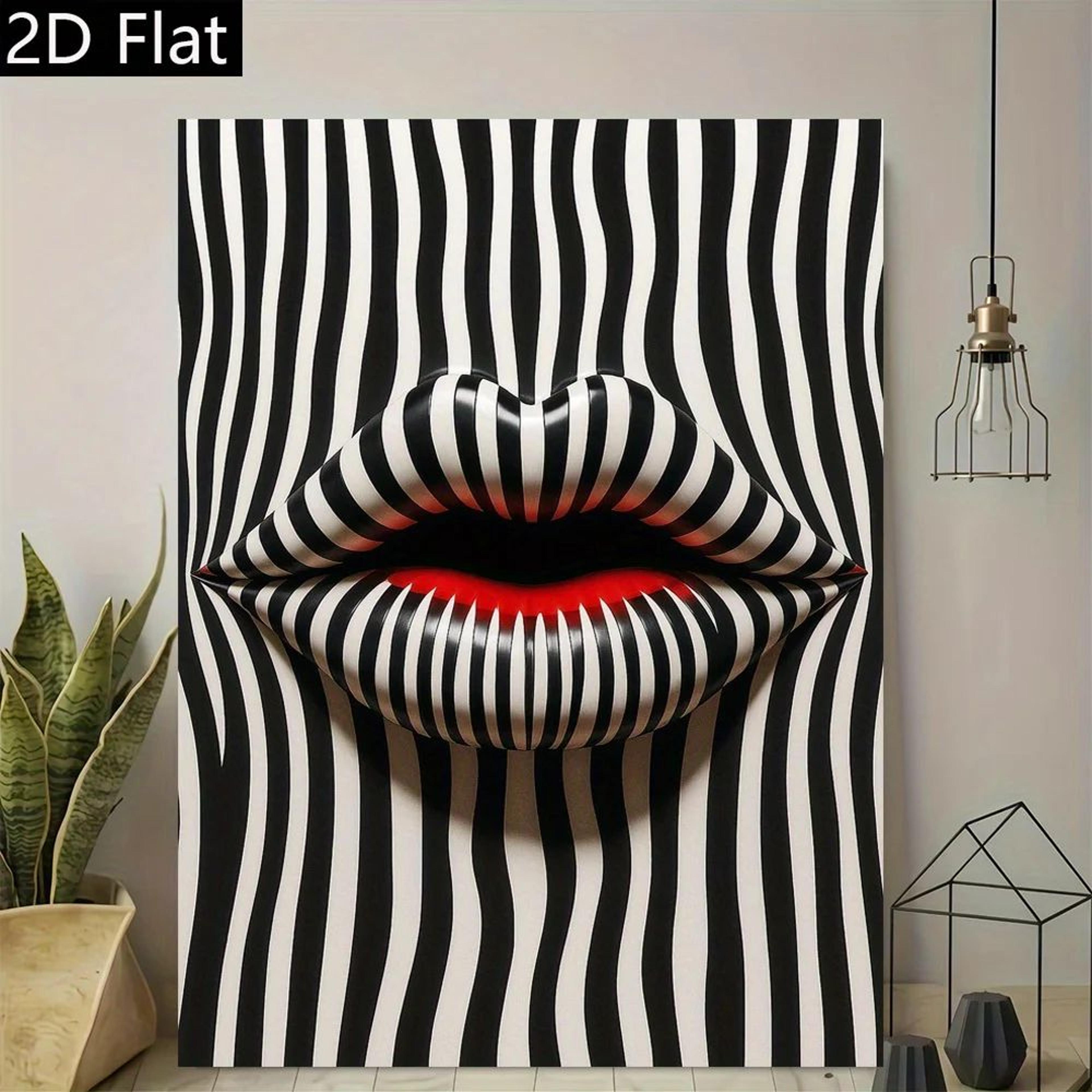 Abstract Striped Lips Canvas Wall Art  Black  White Modern Retro Frameless Print Decor 1