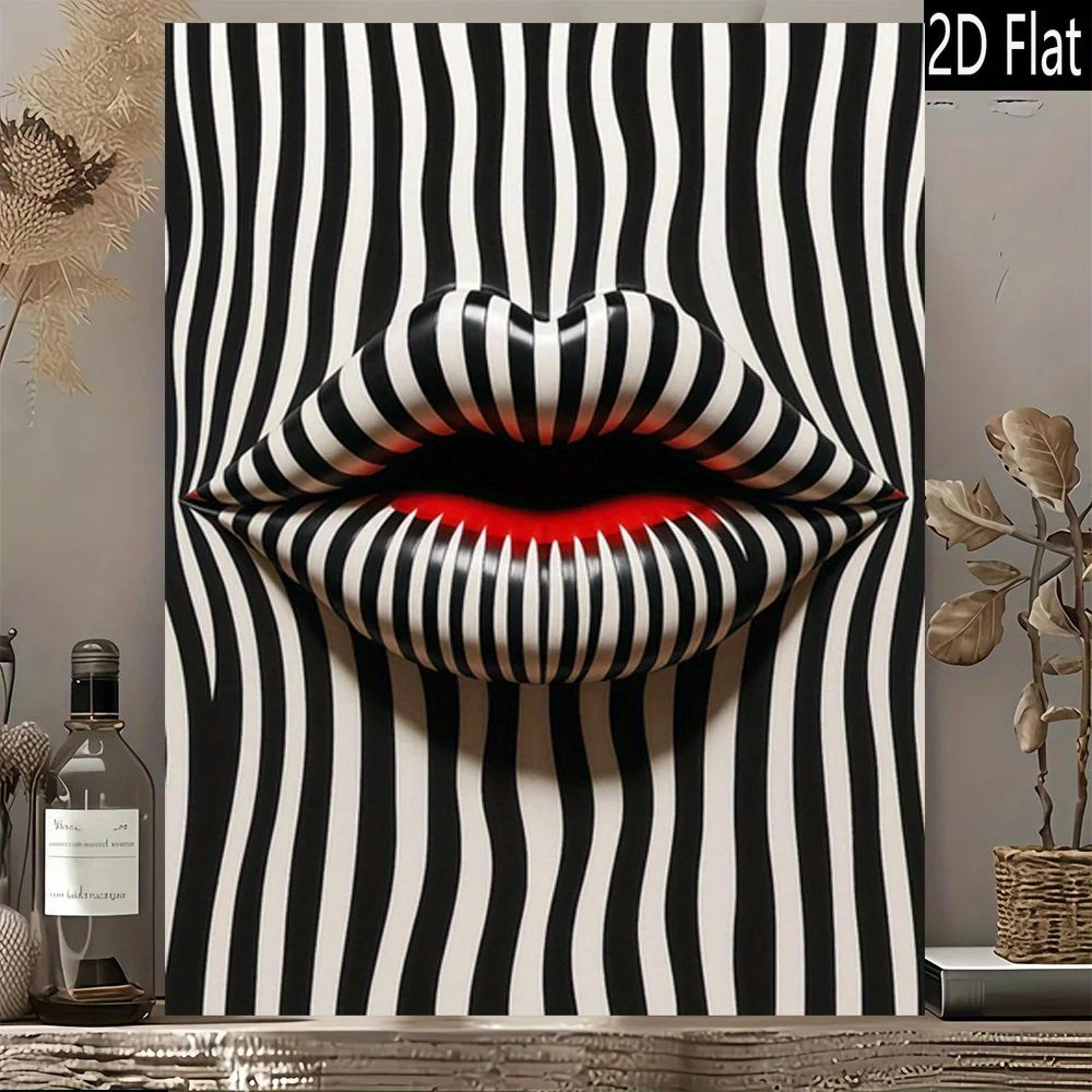 Abstract Striped Lips Canvas Wall Art  Black  White Modern Retro Frameless Print Decor 3