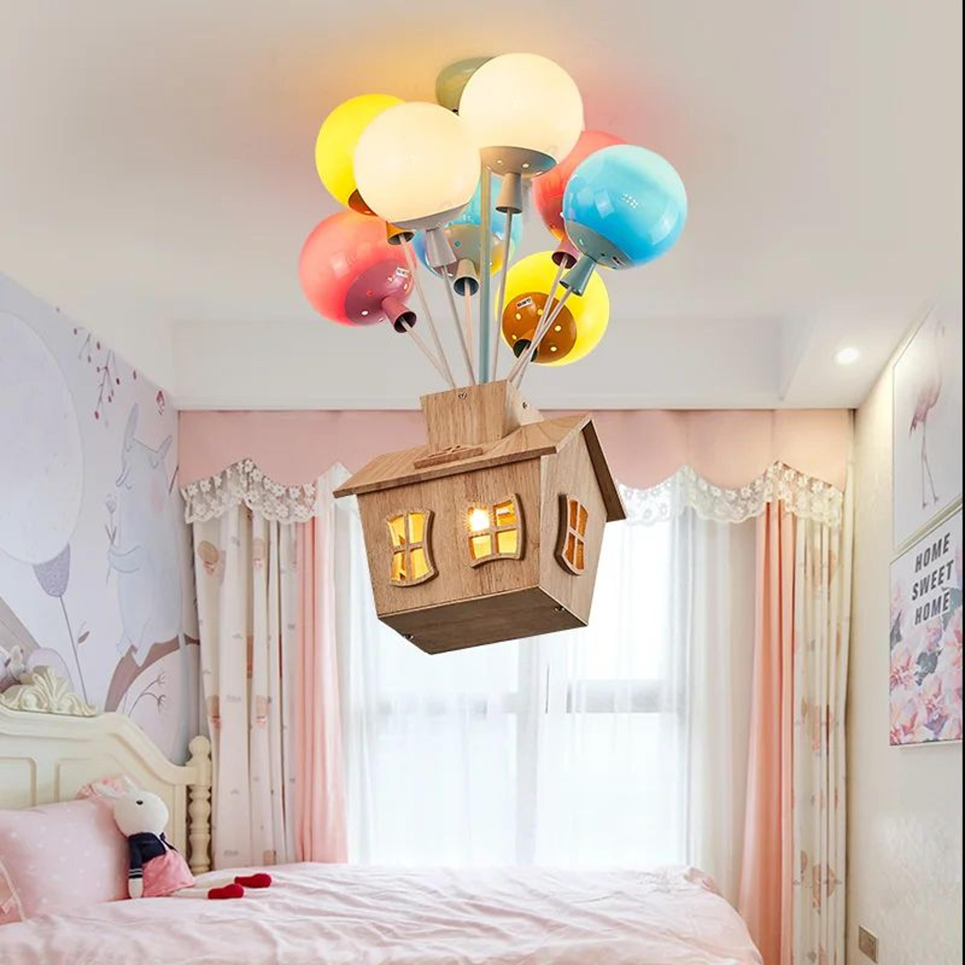 kids balloon chandelier ceiling light – modern wooden sputnik led fixture for living room & girls bedroom