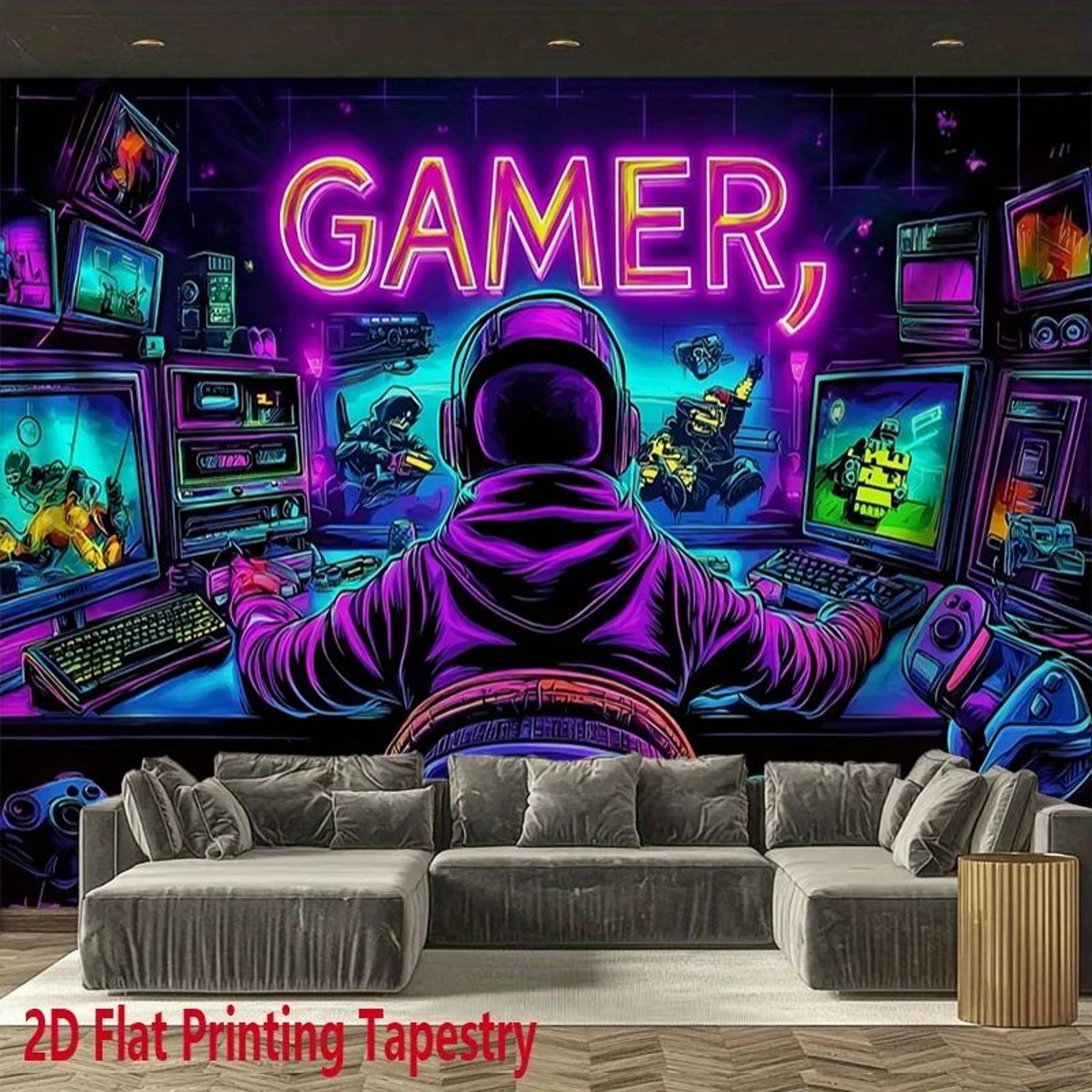 vikama gamer fluorescent tapestry – neon gaming wall art for bedroom, living room & e-sports room