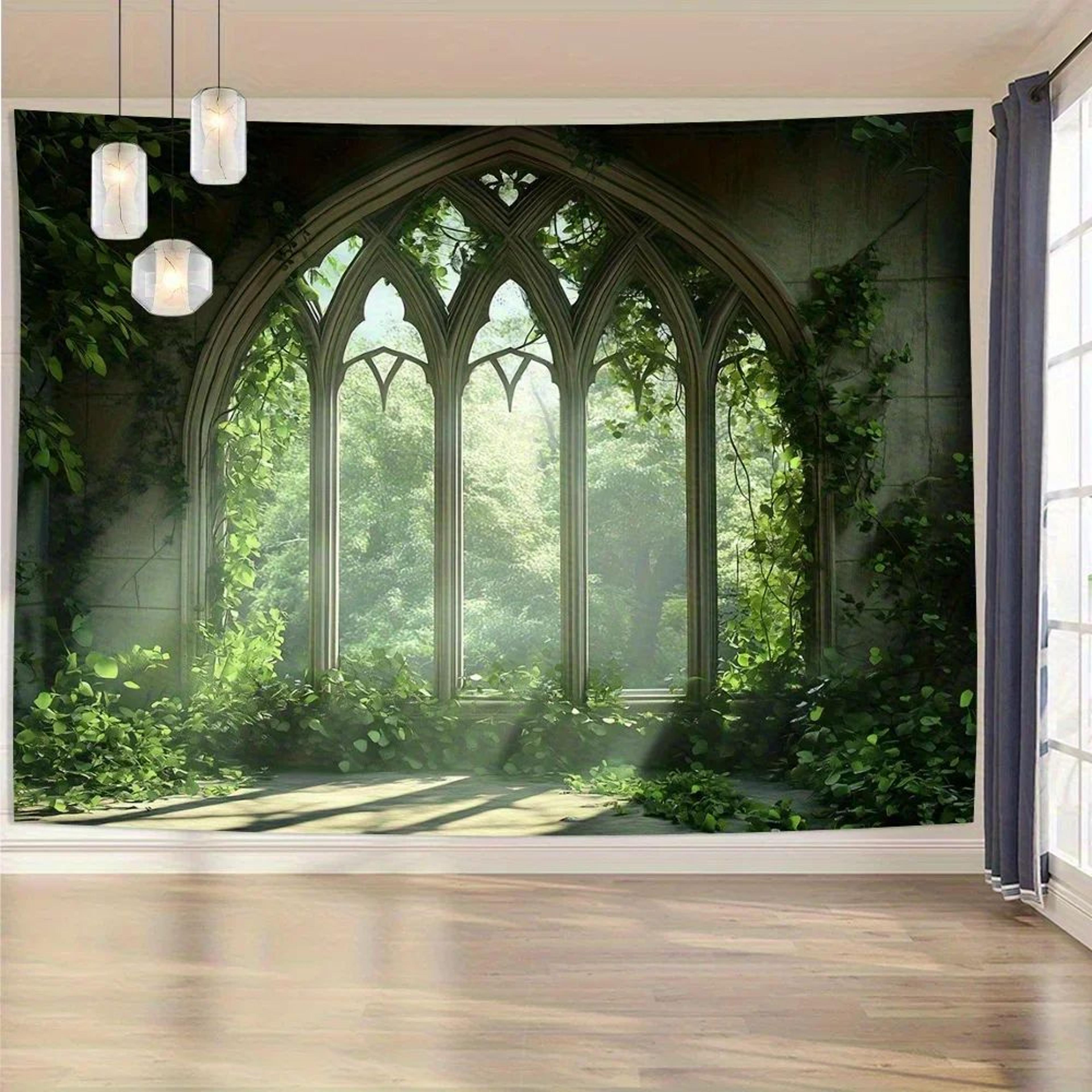 Gothic Window Forest Tapestry  Lush Green Landscape Wall Hanging For Living Room  Bedroom Decor 4