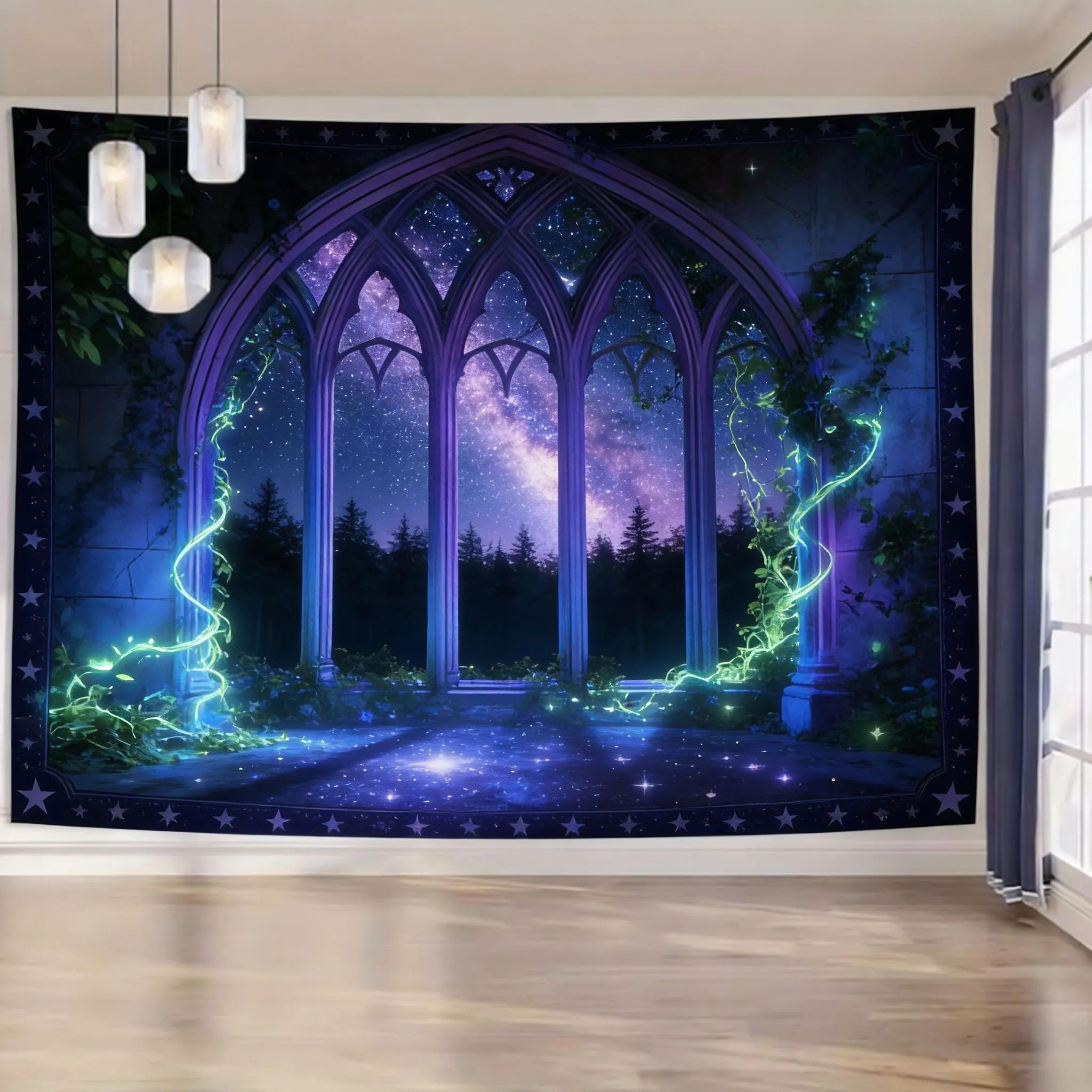 Gothic Window Forest Tapestry  Lush Green Landscape Wall Hanging For Living Room  Bedroom Decor 12