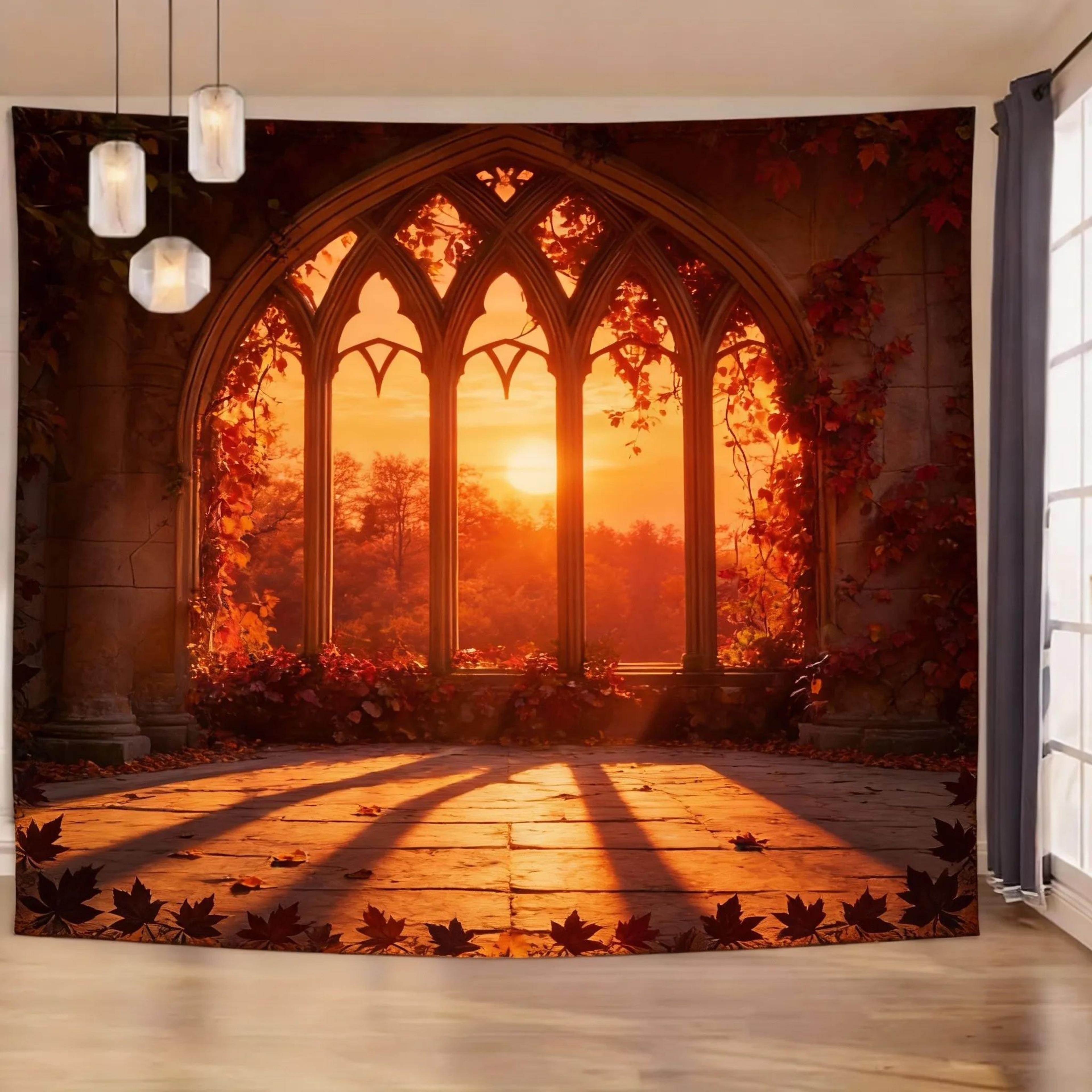 Gothic Window Forest Tapestry  Lush Green Landscape Wall Hanging For Living Room  Bedroom Decor 13