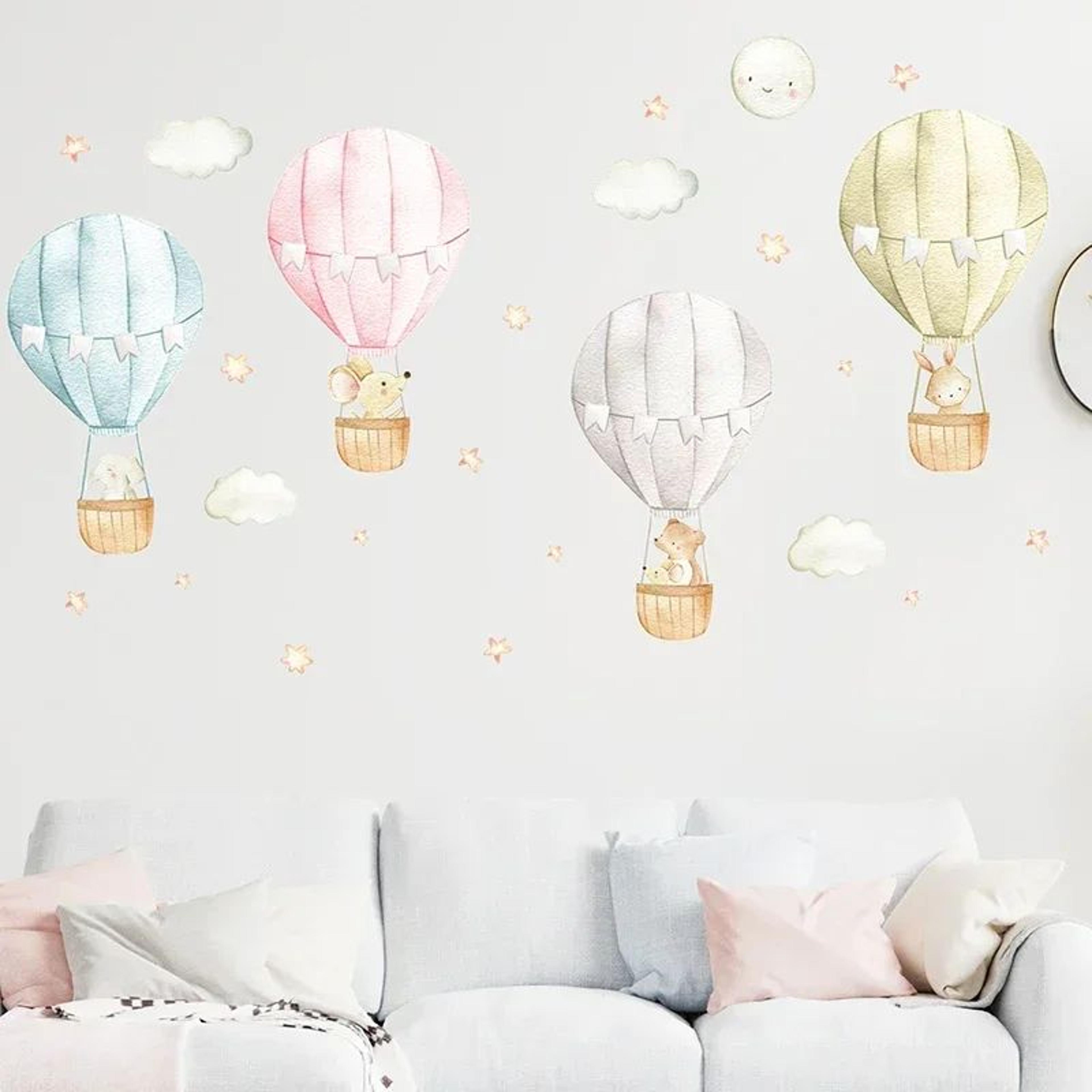 watercolor hot air balloon wall stickers – pink blue nursery decals with animals & stars
