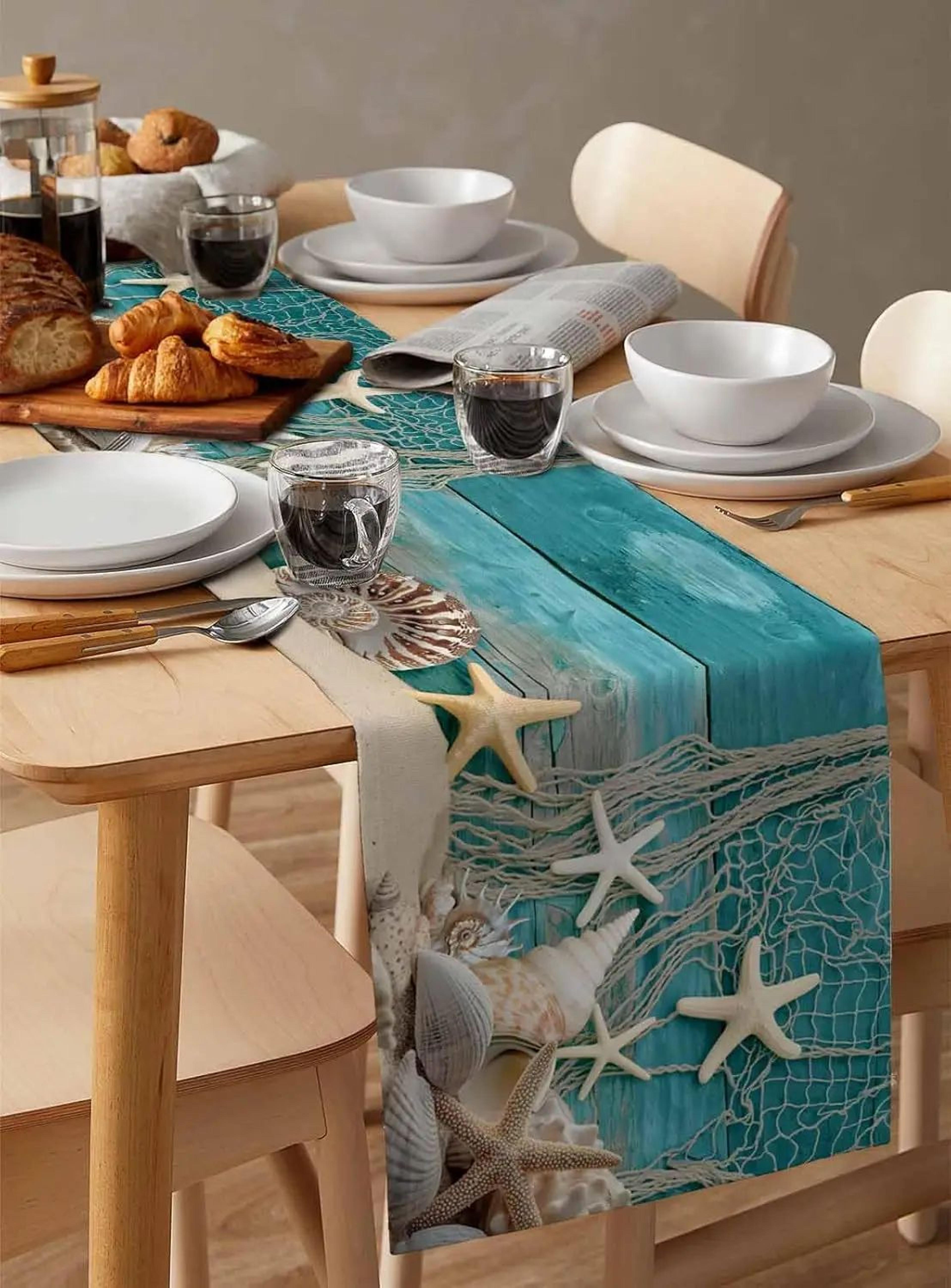 Coastal Starfish Shell Linen Table Runner  Summer Beach Ocean Decor For Dining  Party Tables 1