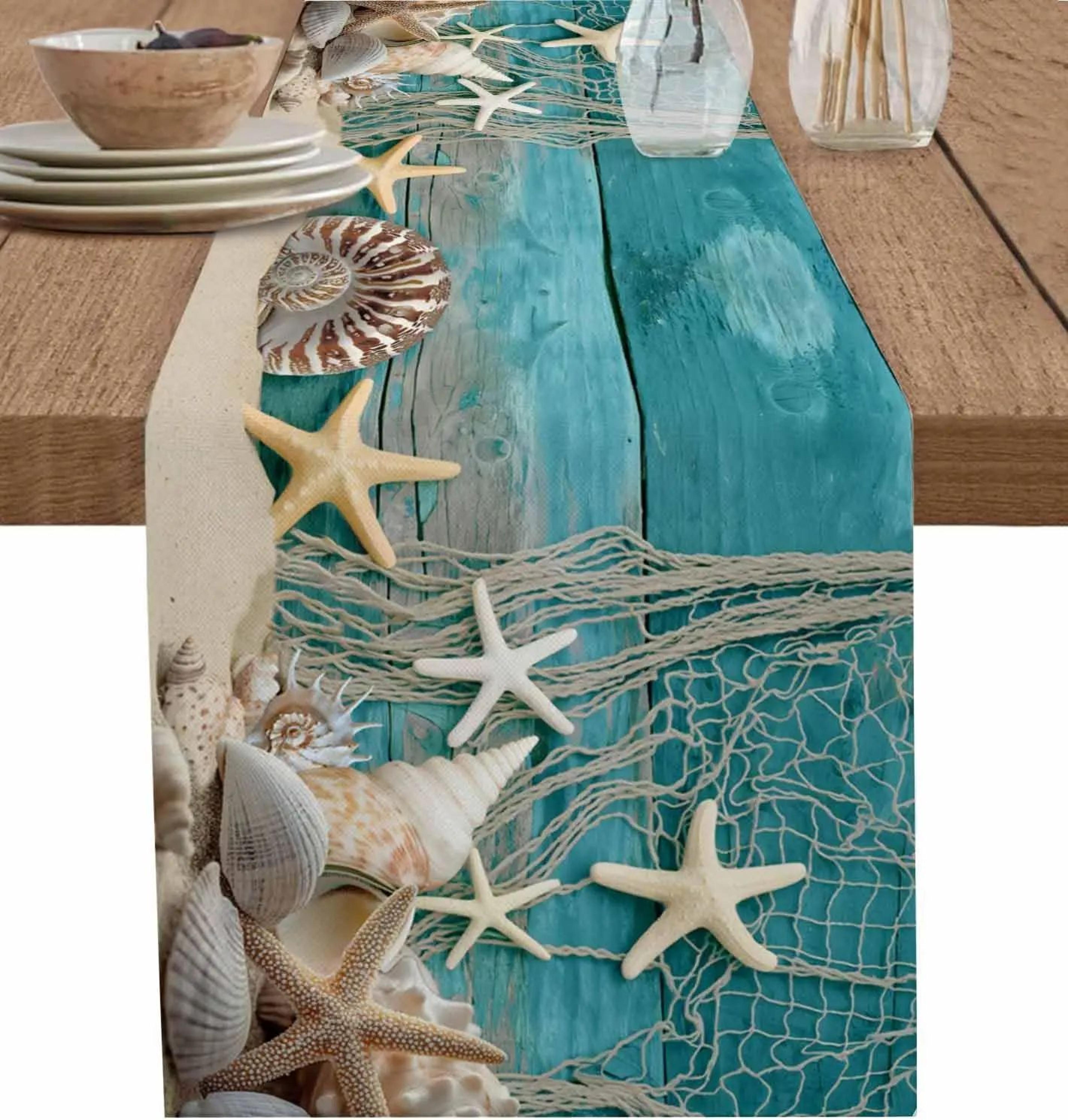 coastal starfish shell linen table runner – summer beach ocean decor for dining & party tables