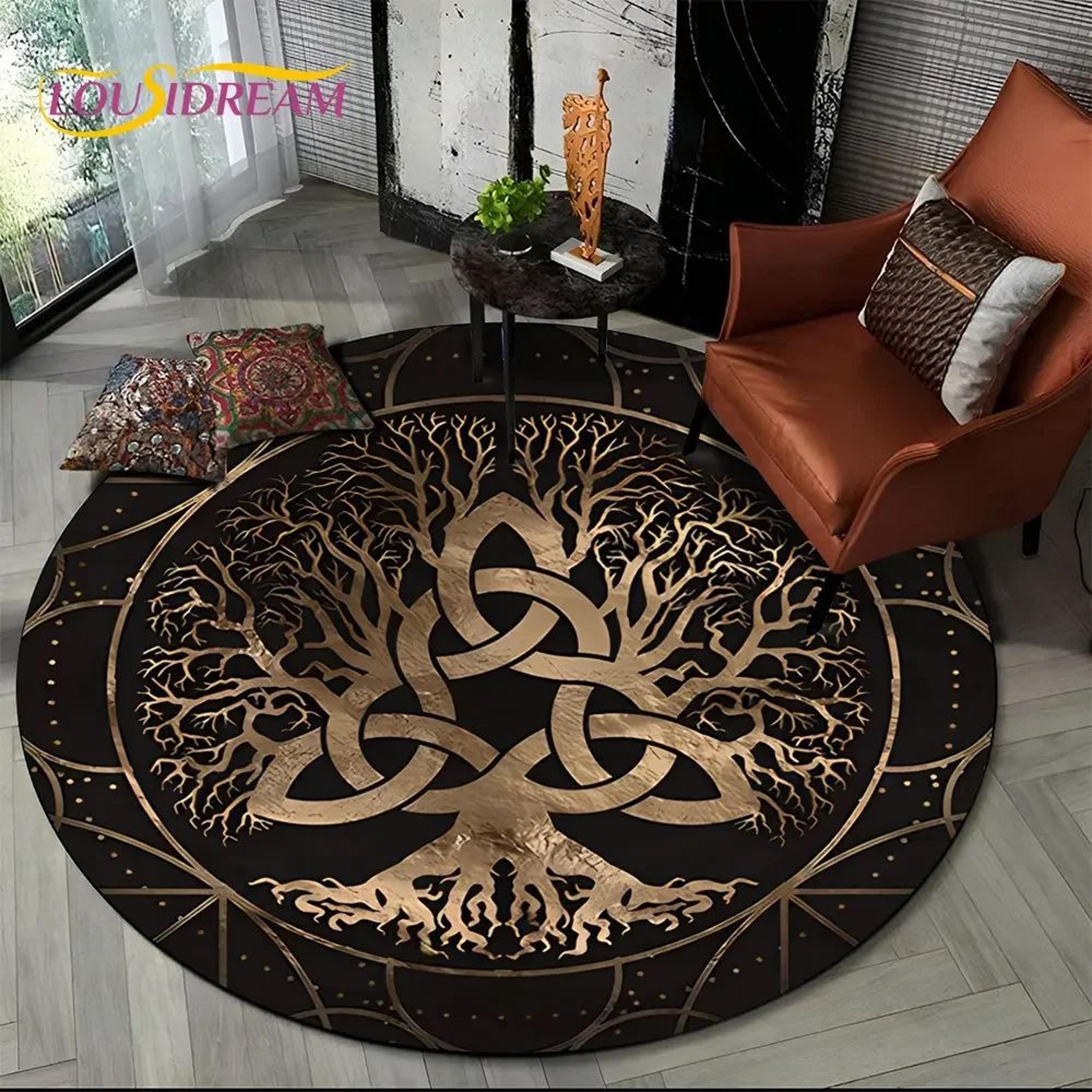 Viking Valknut Tree Of Life Round Rug  NonSlip Nordic Area Carpet For Living Room  Bedroom Decor 0