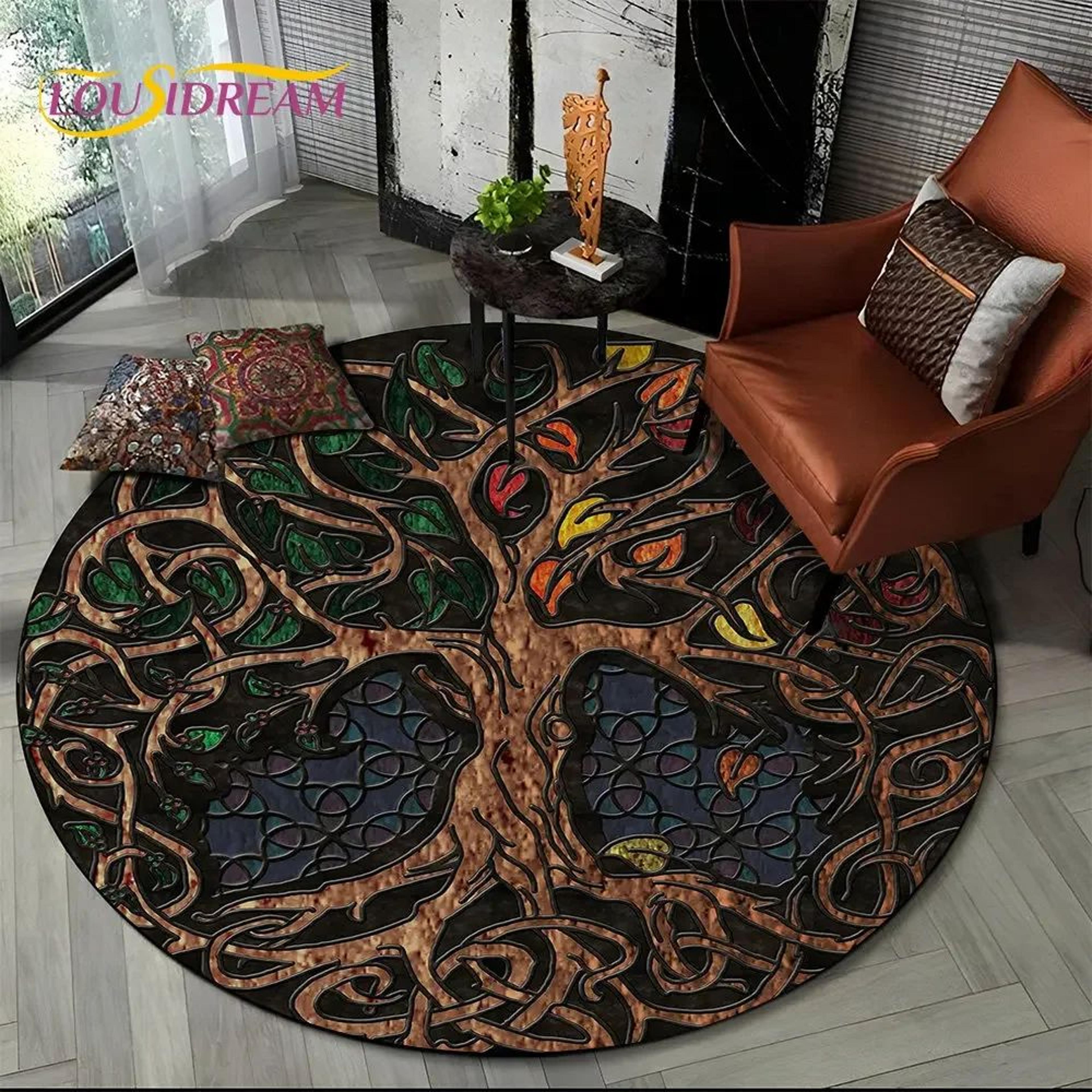 Viking Valknut Tree Of Life Round Rug  NonSlip Nordic Area Carpet For Living Room  Bedroom Decor 11