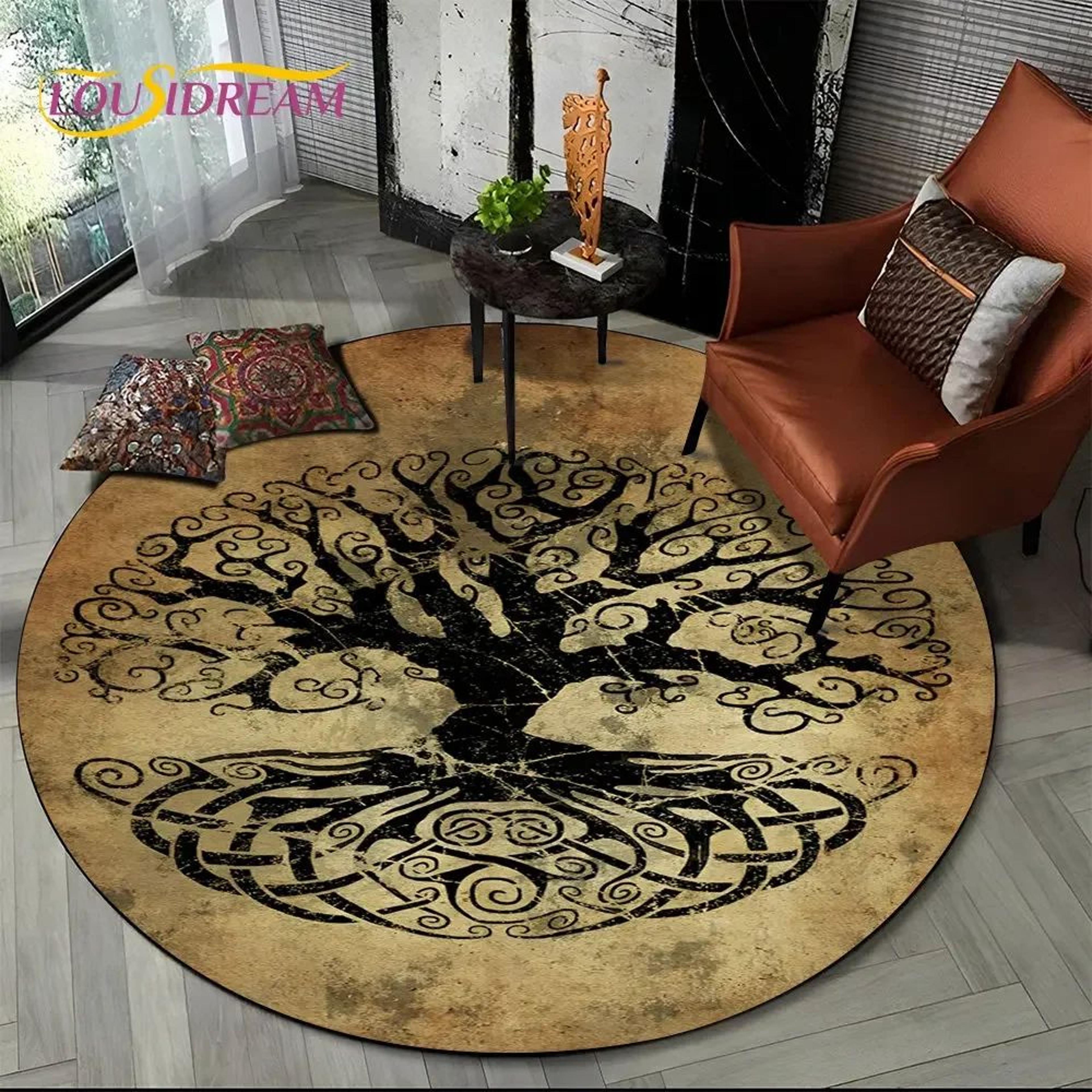 Viking Valknut Tree Of Life Round Rug  NonSlip Nordic Area Carpet For Living Room  Bedroom Decor 18