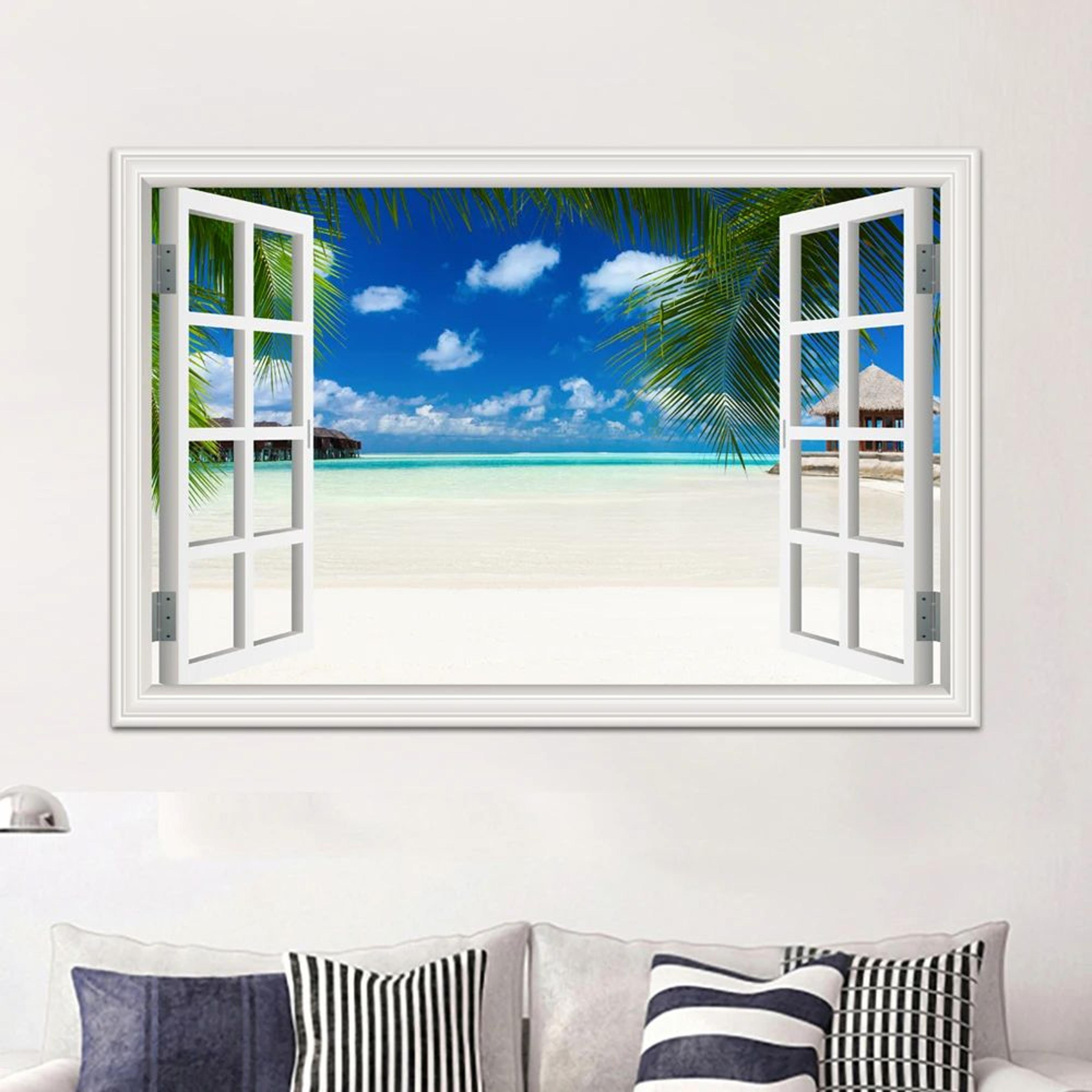 3D Beach Window View Wall Sticker  Ocean Sky Landscape Peel  Stick PVC Wallpaper 1
