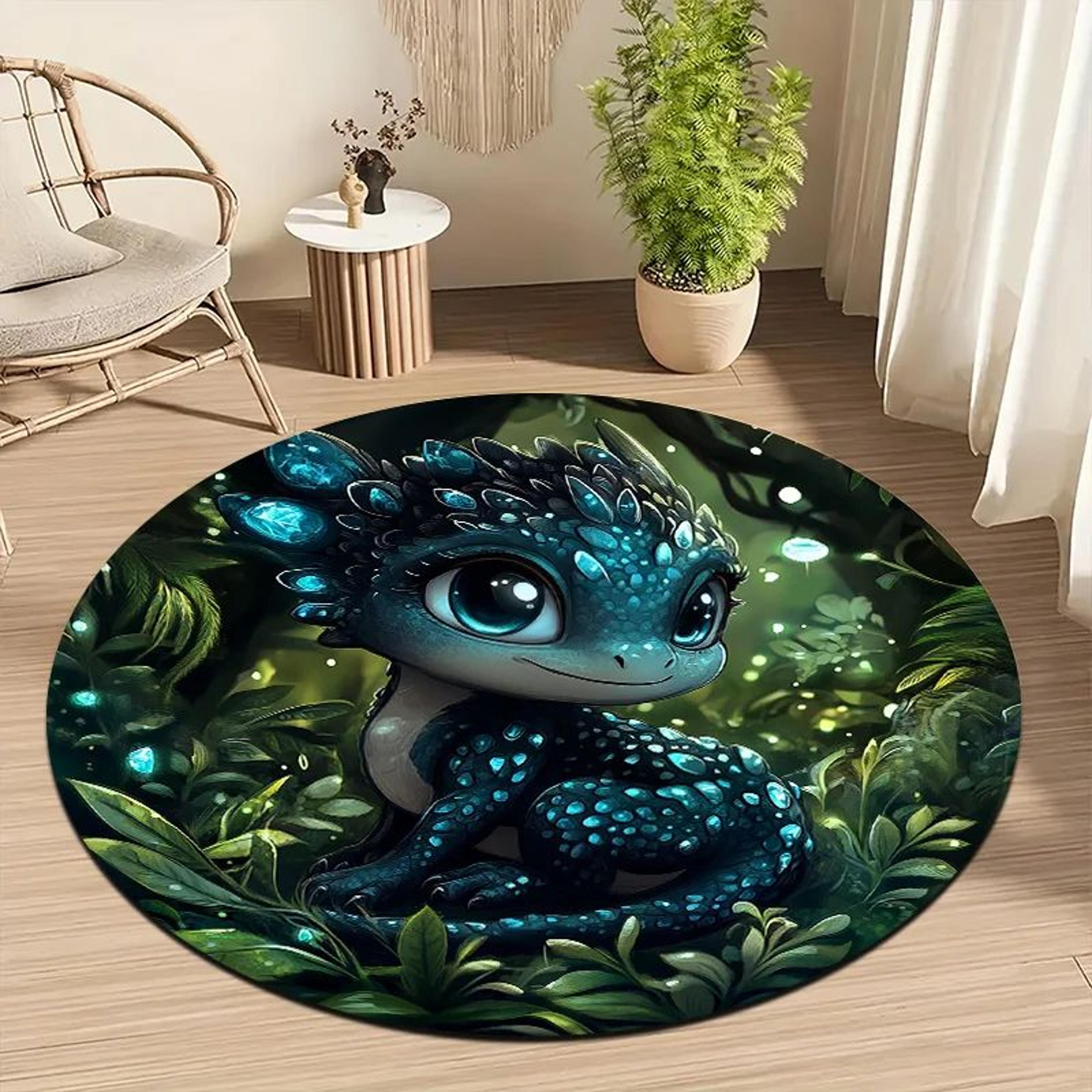 cute baby dragon jungle round rug – non-slip flannel carpet for kids room & home decor