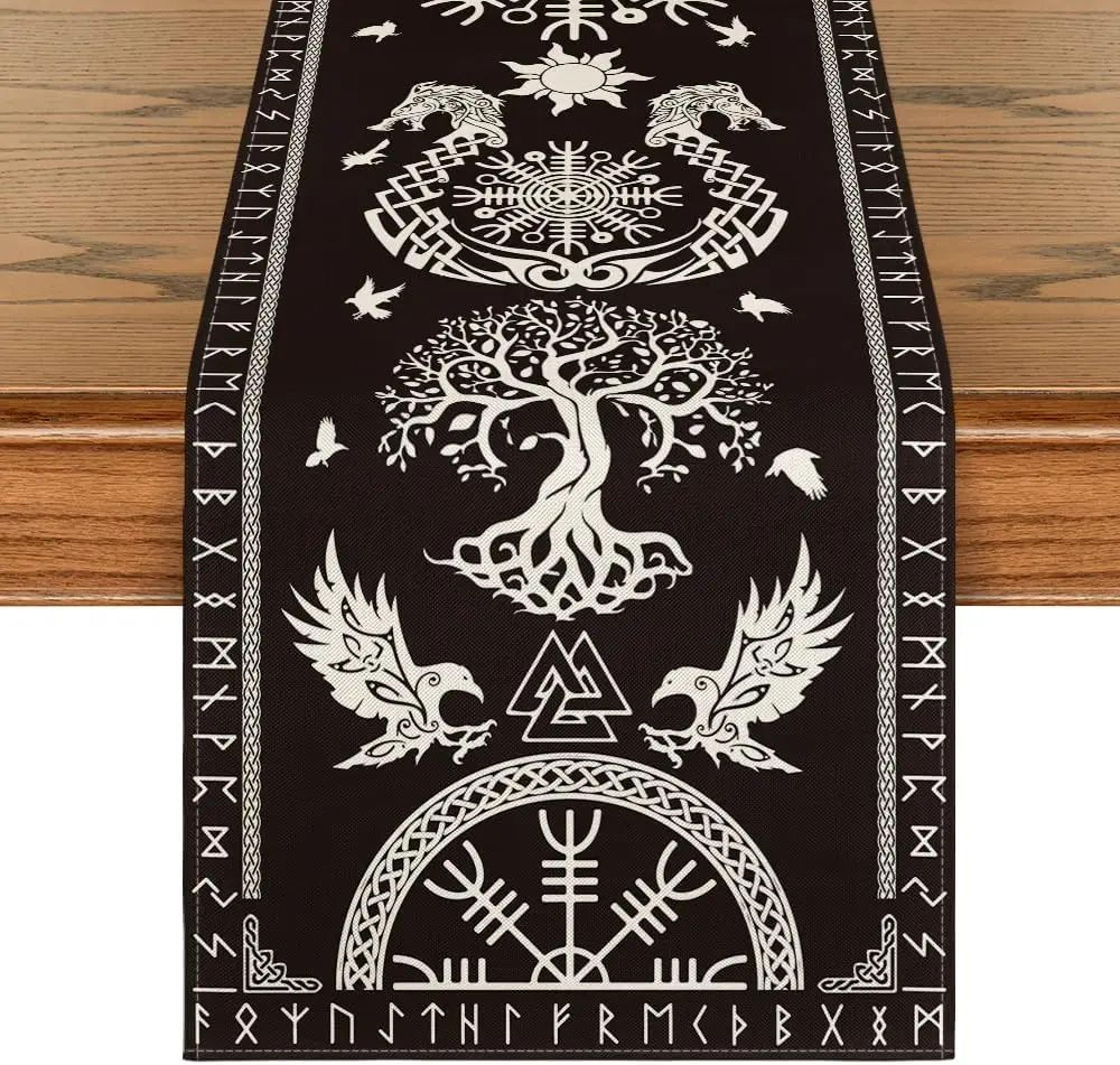 Vintage Viking Raven Helm Of Awe Linen Table Runner  Nordic Mythology Dining Decor 5
