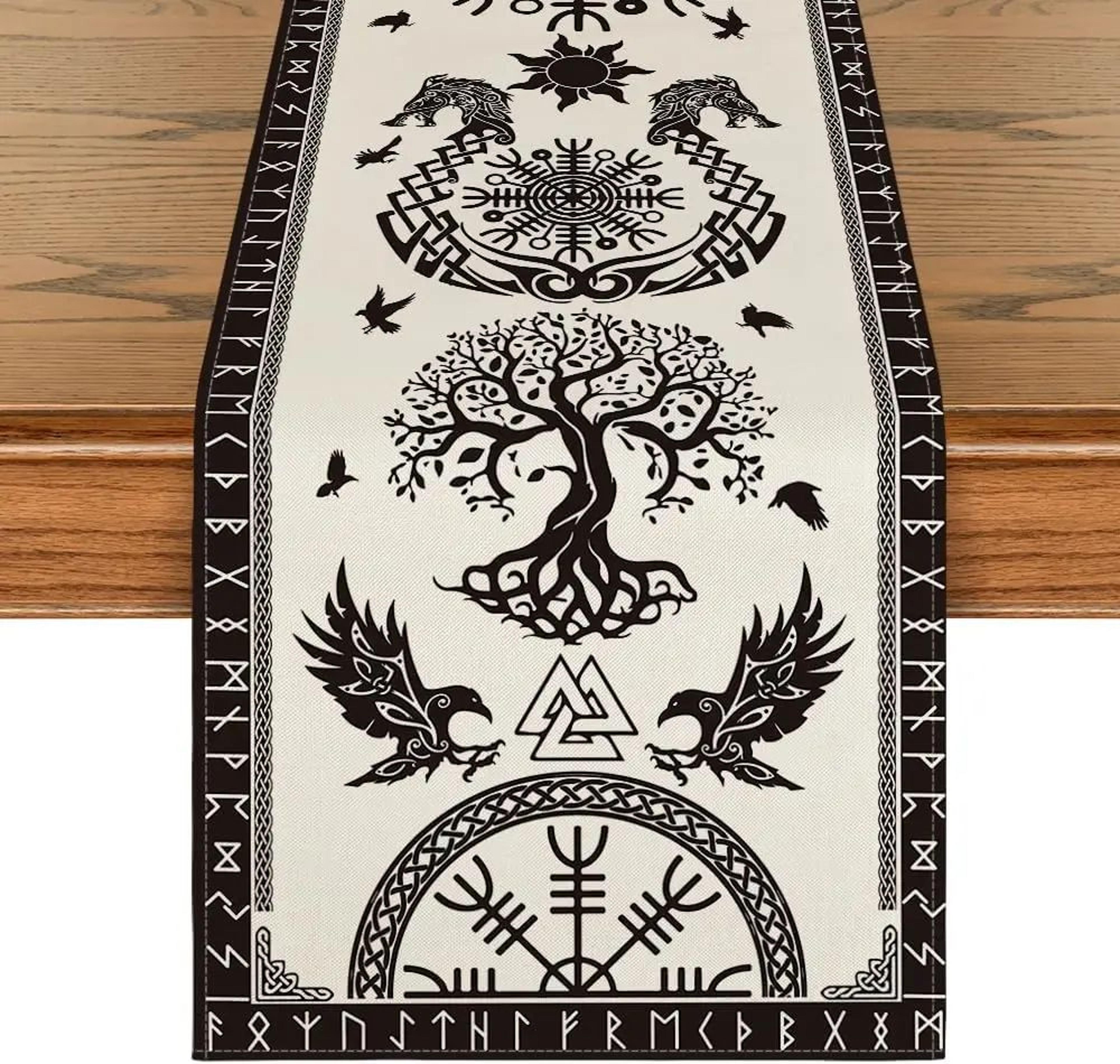 Vintage Viking Raven Helm Of Awe Linen Table Runner  Nordic Mythology Dining Decor 7