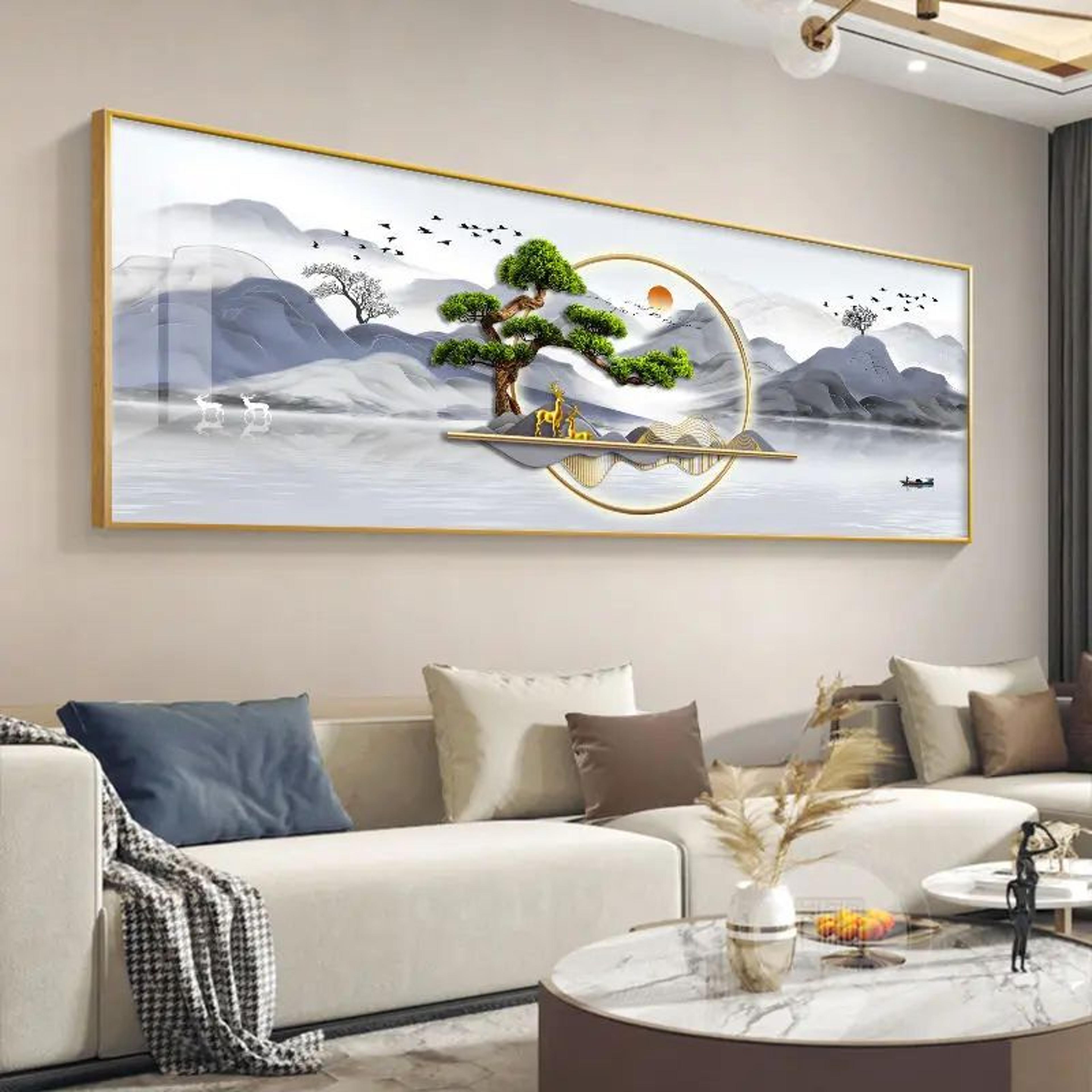 Chinese Golden Deer Canvas Wall Art  Feng Shui Mountain Landscape Poster Unframed 2