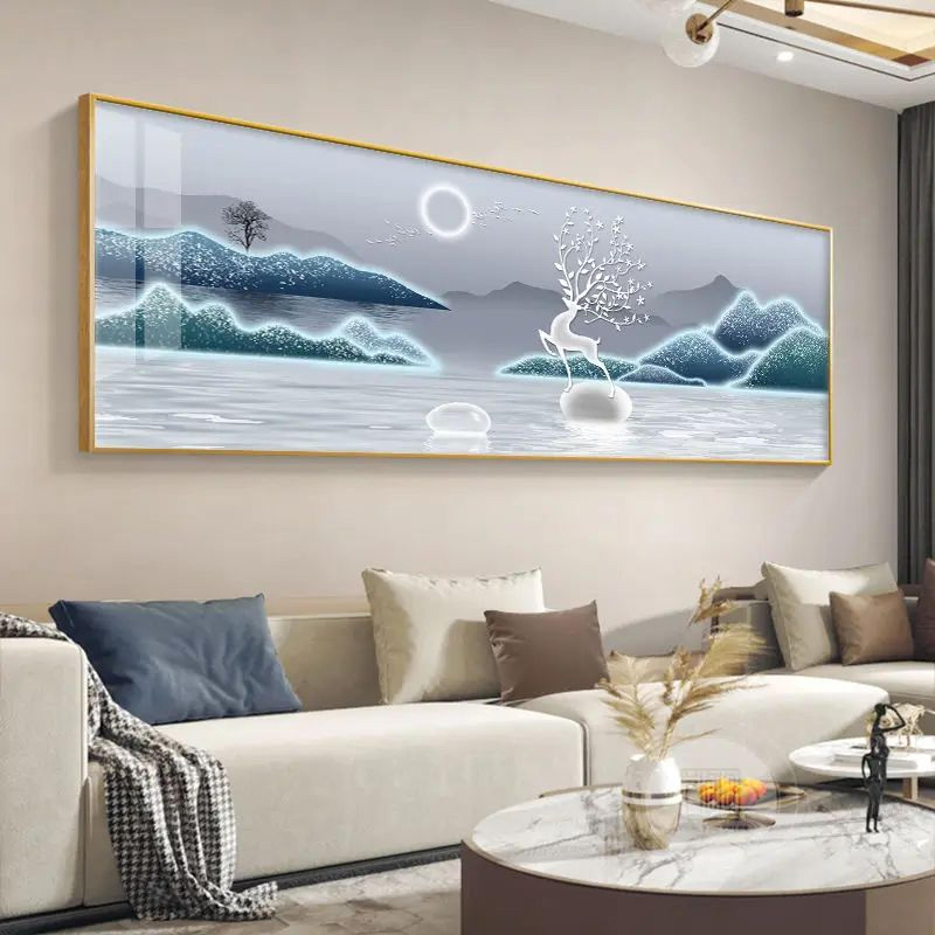 Chinese Golden Deer Canvas Wall Art  Feng Shui Mountain Landscape Poster Unframed 3