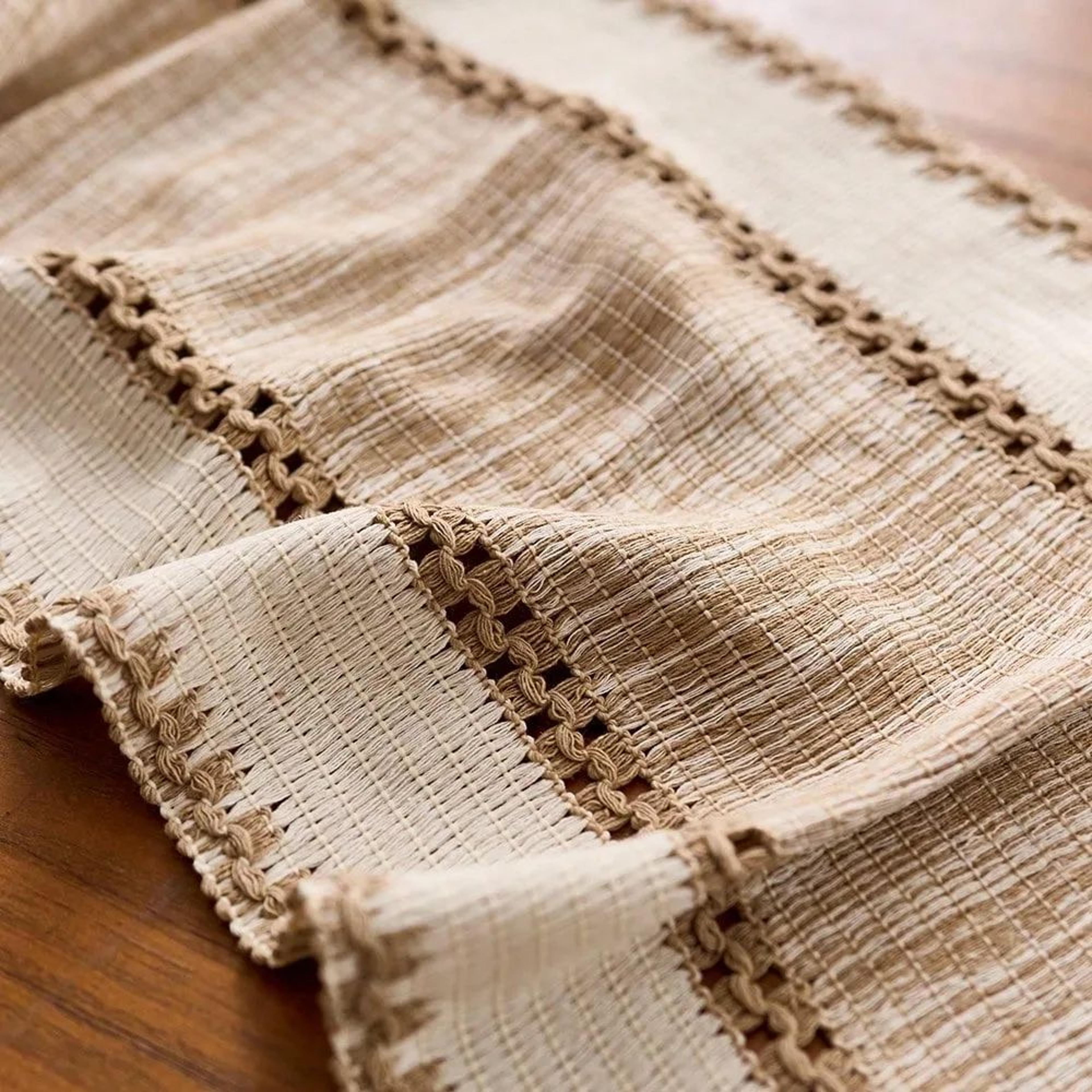 Nordic Boho Green Striped Table Runner With Tassels  Handwoven Rustic Decor For Dining  Coffee Tabl