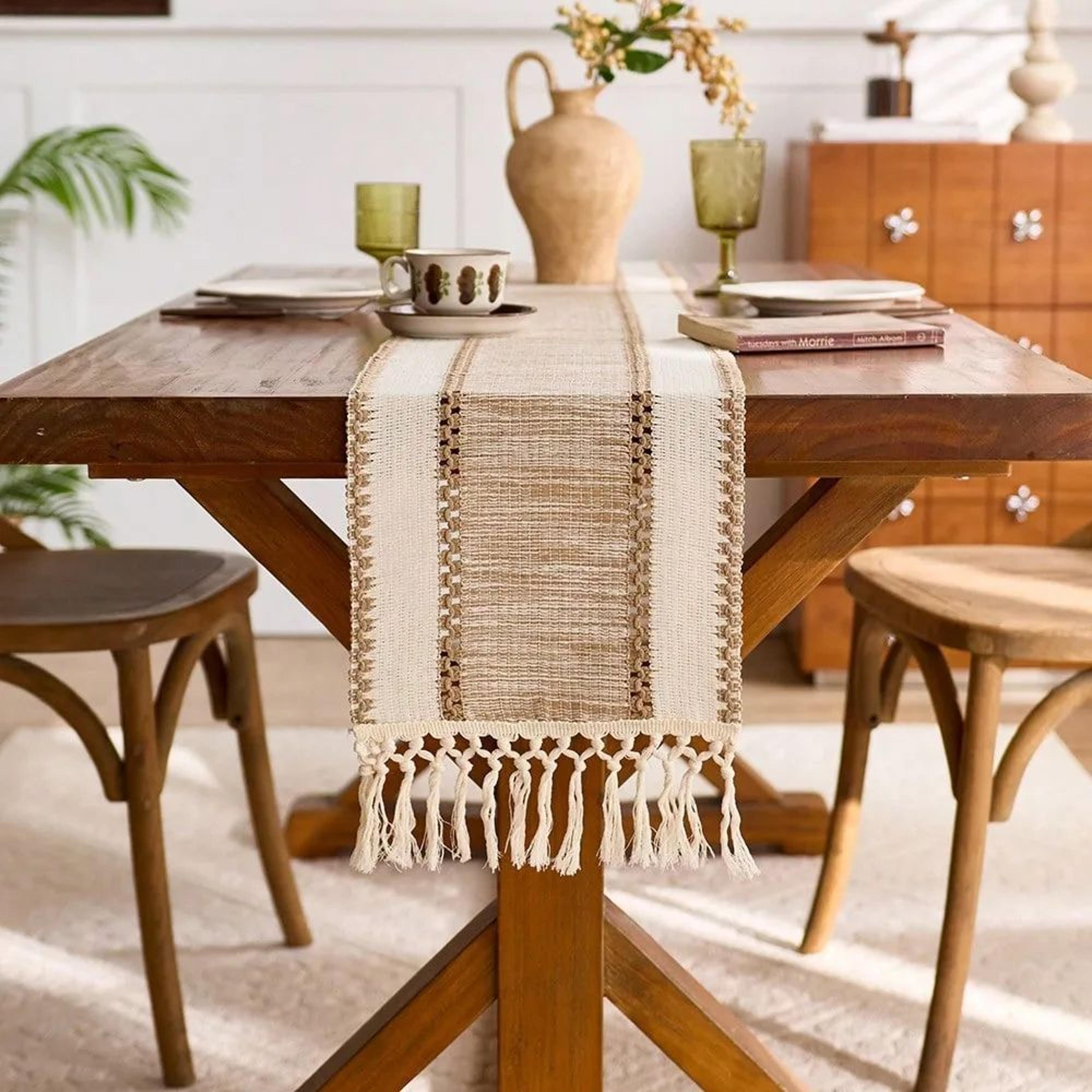 Nordic Boho Green Striped Table Runner With Tassels  Handwoven Rustic Decor For Dining  Coffee Tabl