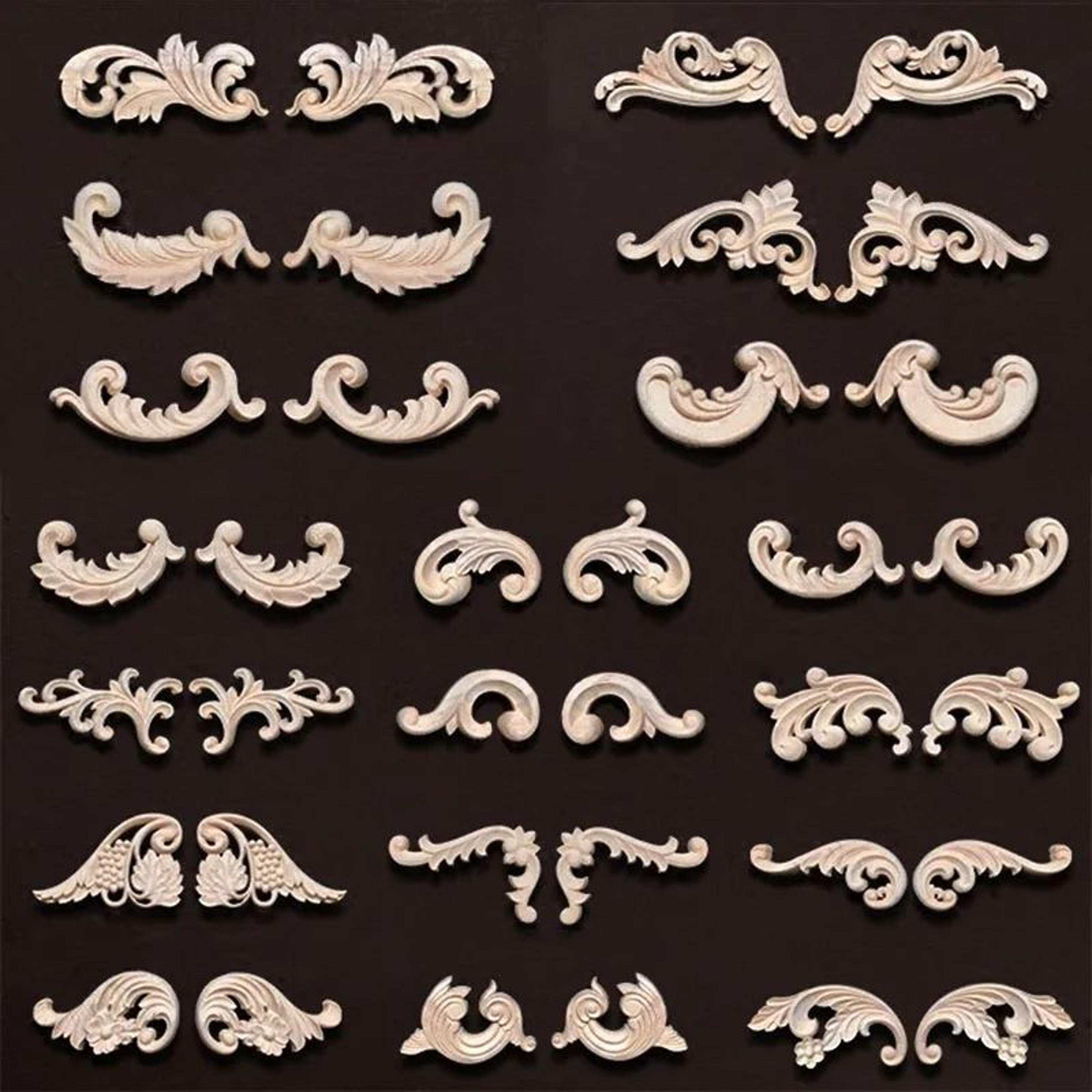vintage wood carved corner appliques set – decorative furniture onlay floral trim