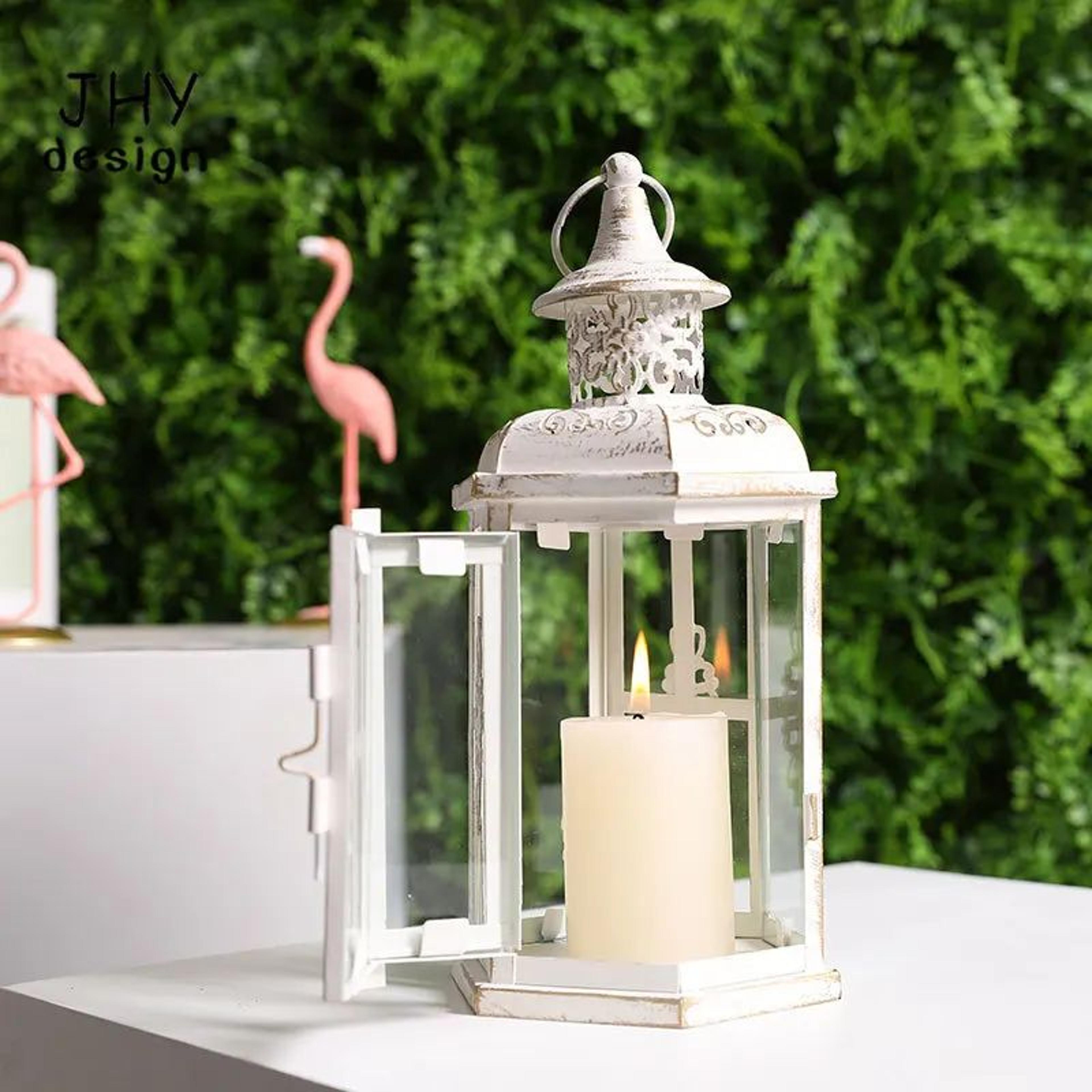 vintage white & gold metal candle lantern – 10in hanging decorative lantern for indoor & outdoor events