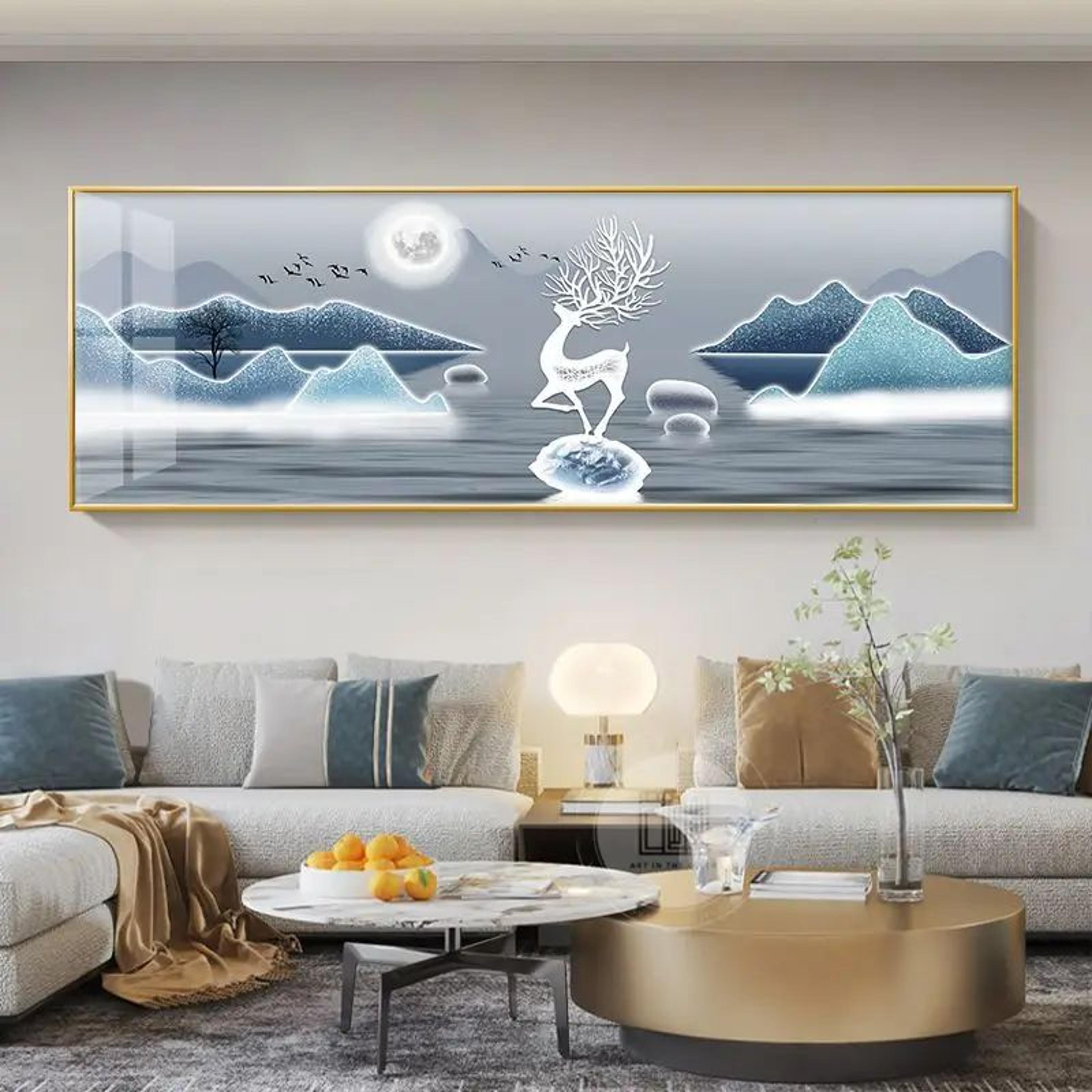 Chinese Golden Deer Canvas Wall Art  Feng Shui Mountain Landscape Poster Unframed 10