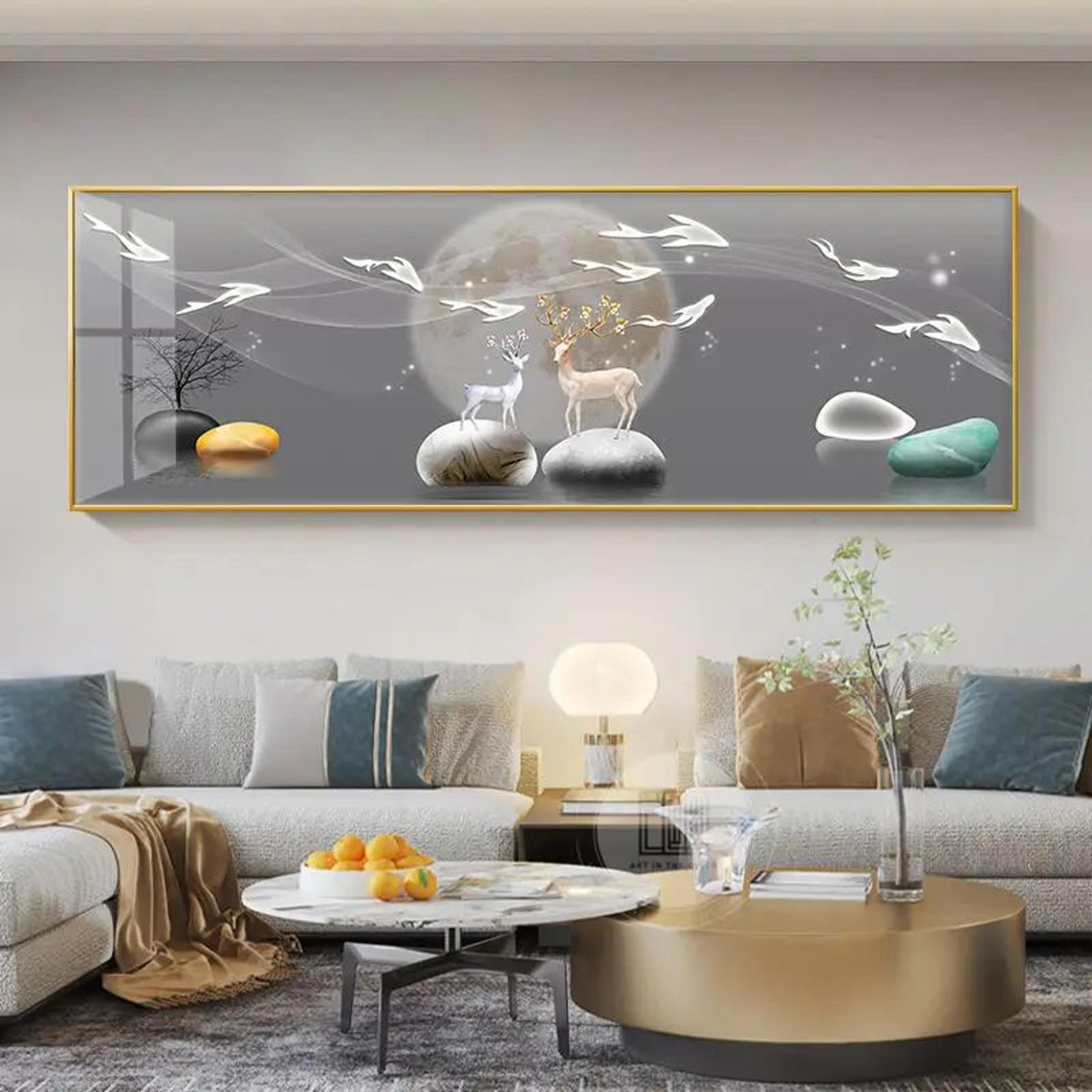 Chinese Golden Deer Canvas Wall Art  Feng Shui Mountain Landscape Poster Unframed 13
