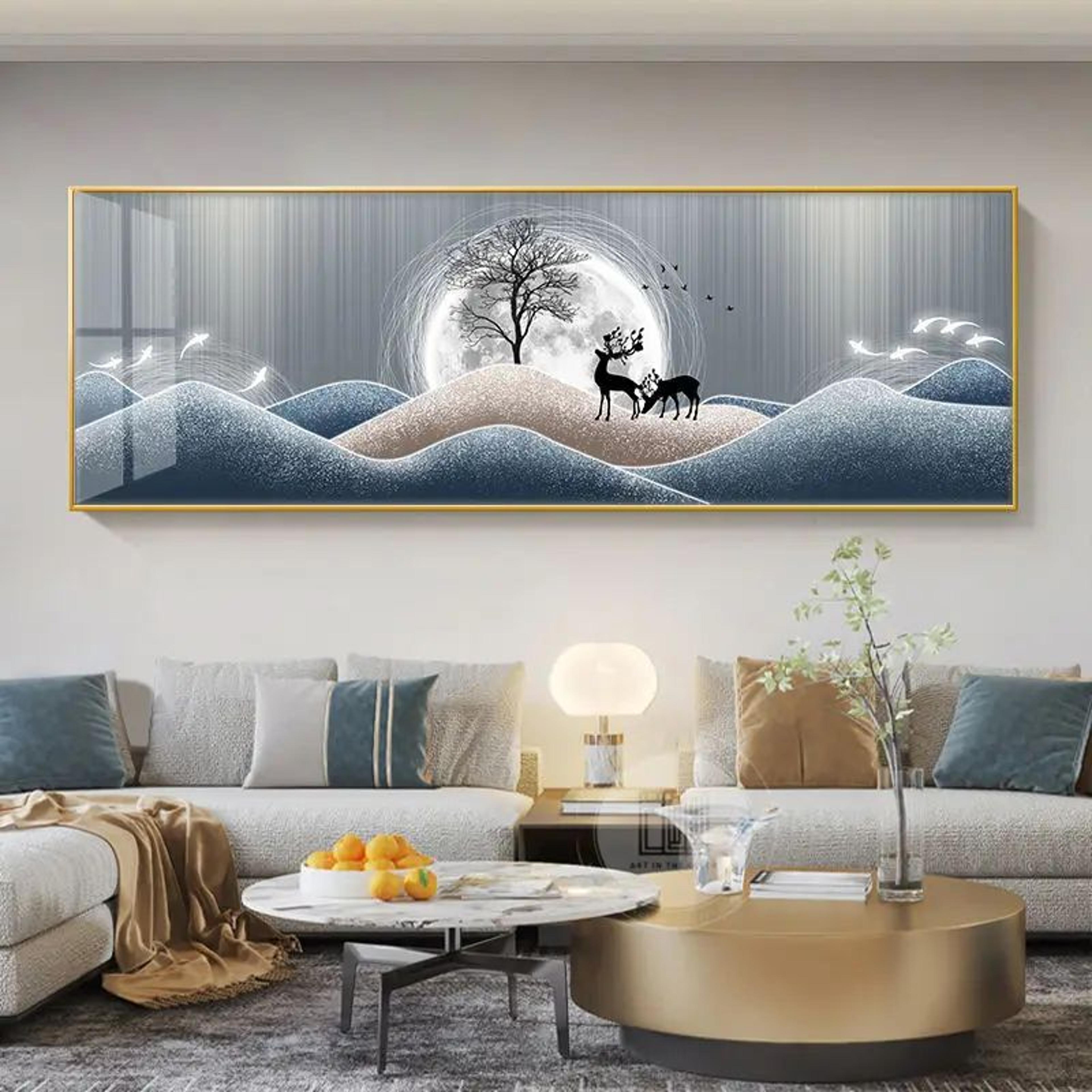 Chinese Golden Deer Canvas Wall Art  Feng Shui Mountain Landscape Poster Unframed 14